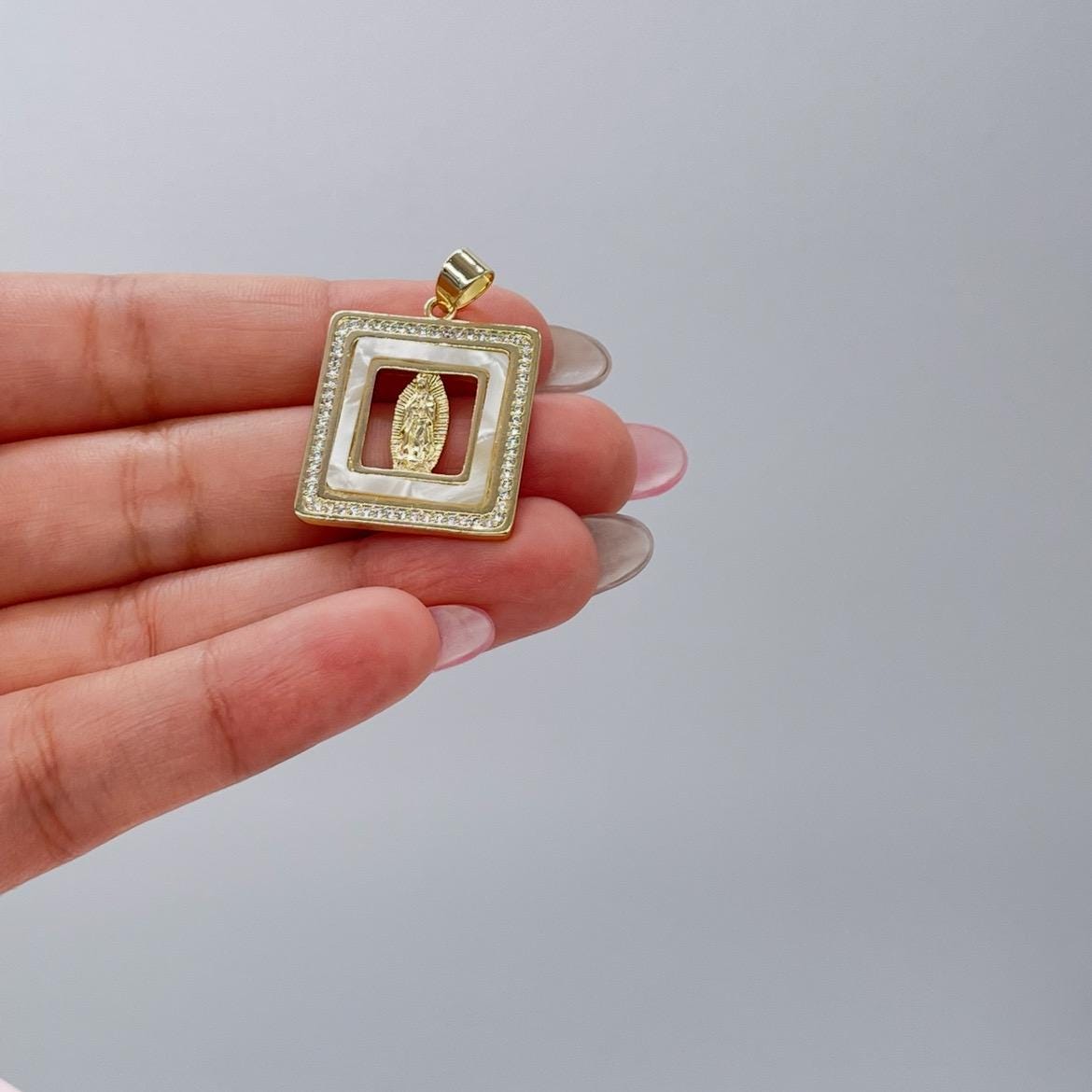 18k Gold Filled Mother of Pearl Square See Through Medallion Engraved with Virgin Mary & CZ
