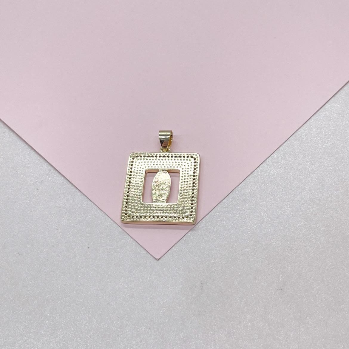 18k Gold Filled Mother of Pearl Square See Through Medallion Engraved with Virgin Mary & CZ