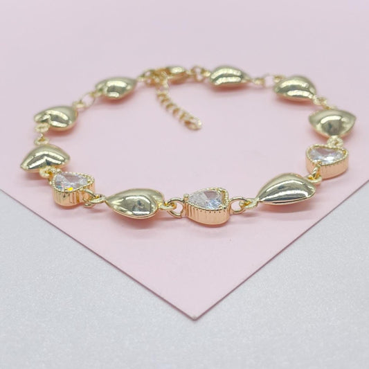 18k Gold Filled Puffy Heart Bracelet with CZ Hearts