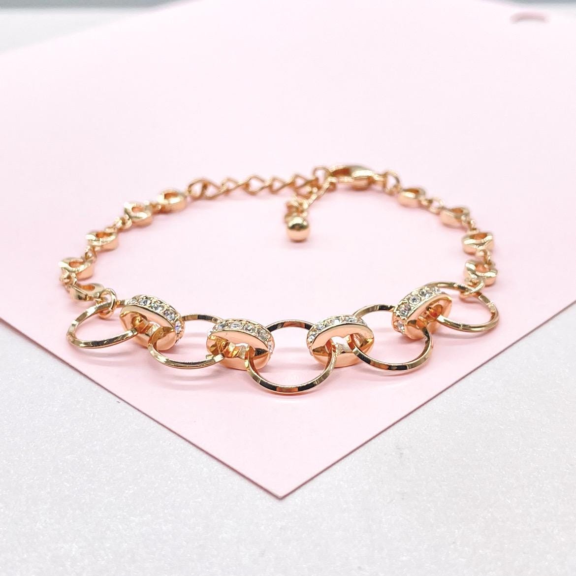 18k Rose Gold Filled Circle Link Bracelet with CZ