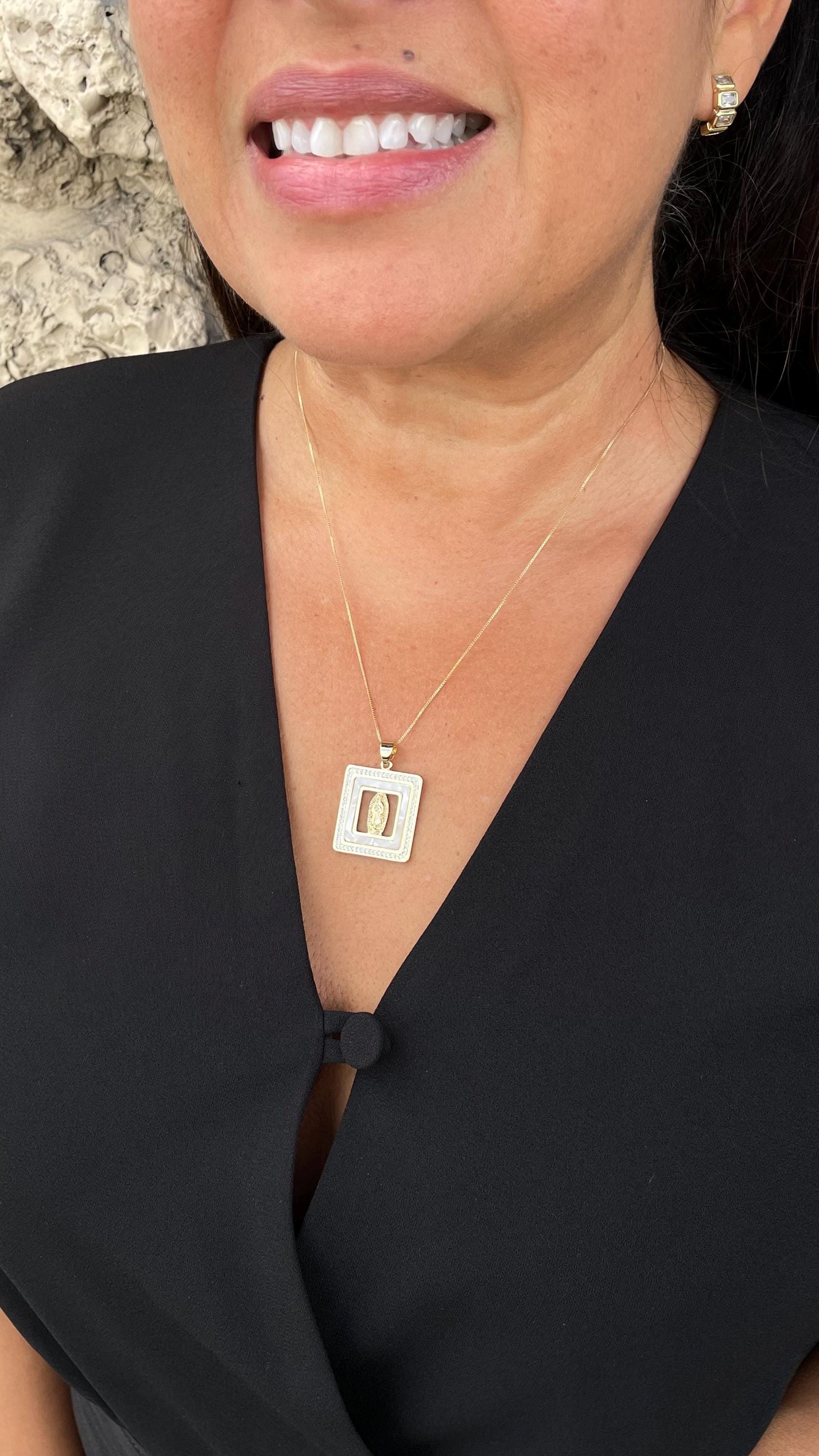 18k Gold Filled Mother of Pearl Square See Through Medallion Engraved with Virgin Mary & CZ