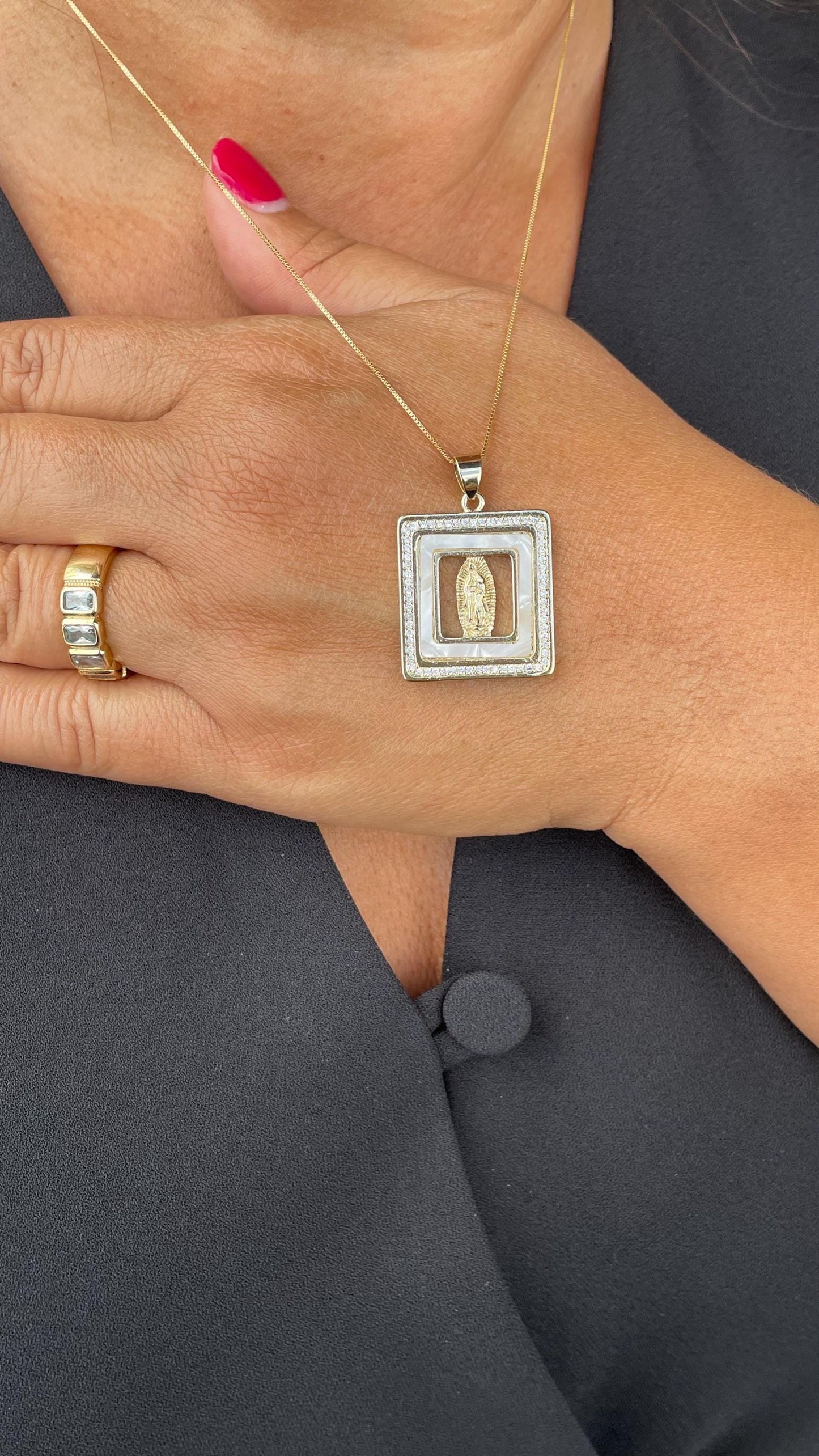 18k Gold Filled Mother of Pearl Square See Through Medallion Engraved with Virgin Mary & CZ