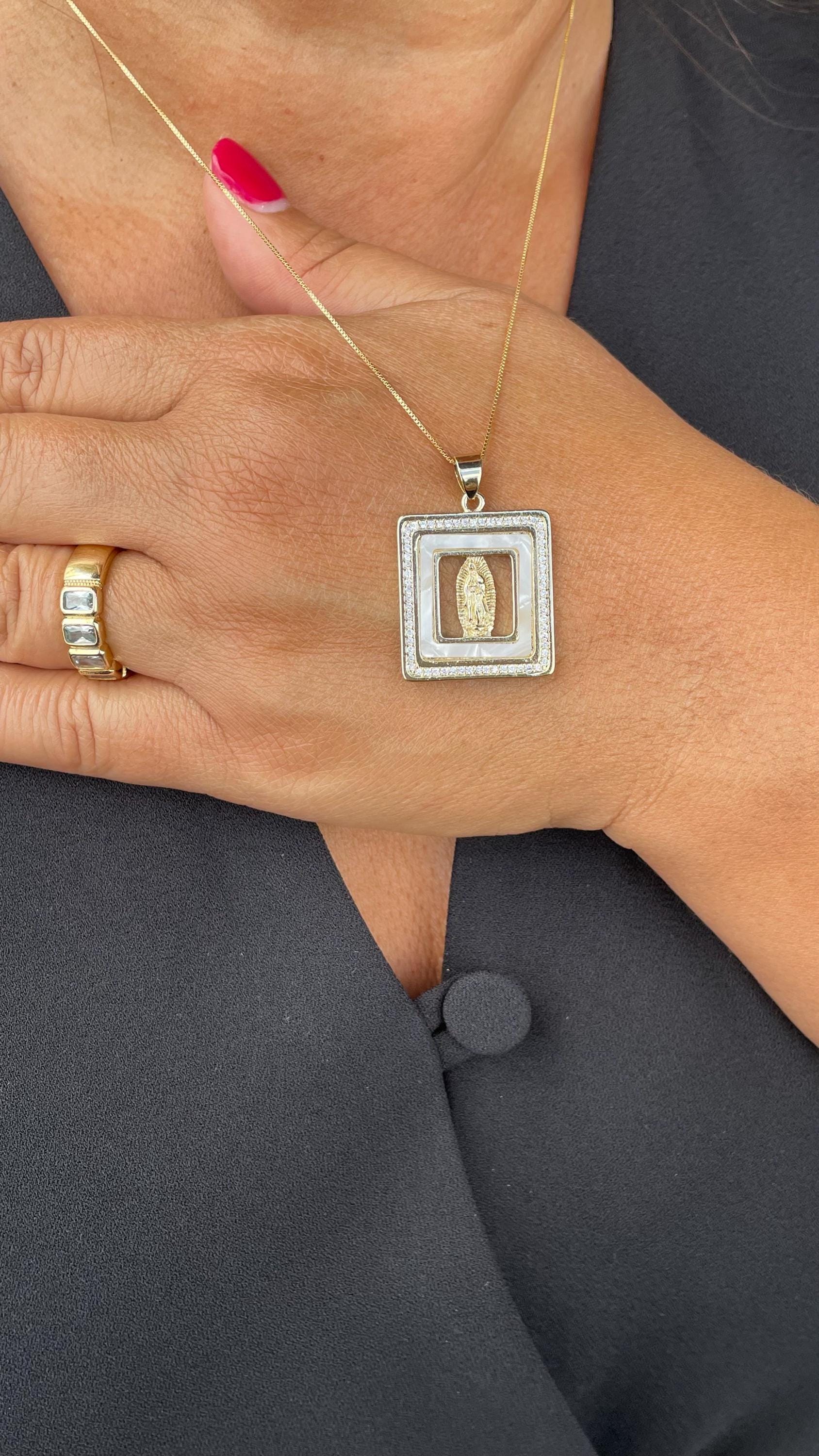 18k Gold Filled Mother of Pearl Square See Through Medallion Engraved with Virgin Mary & CZ