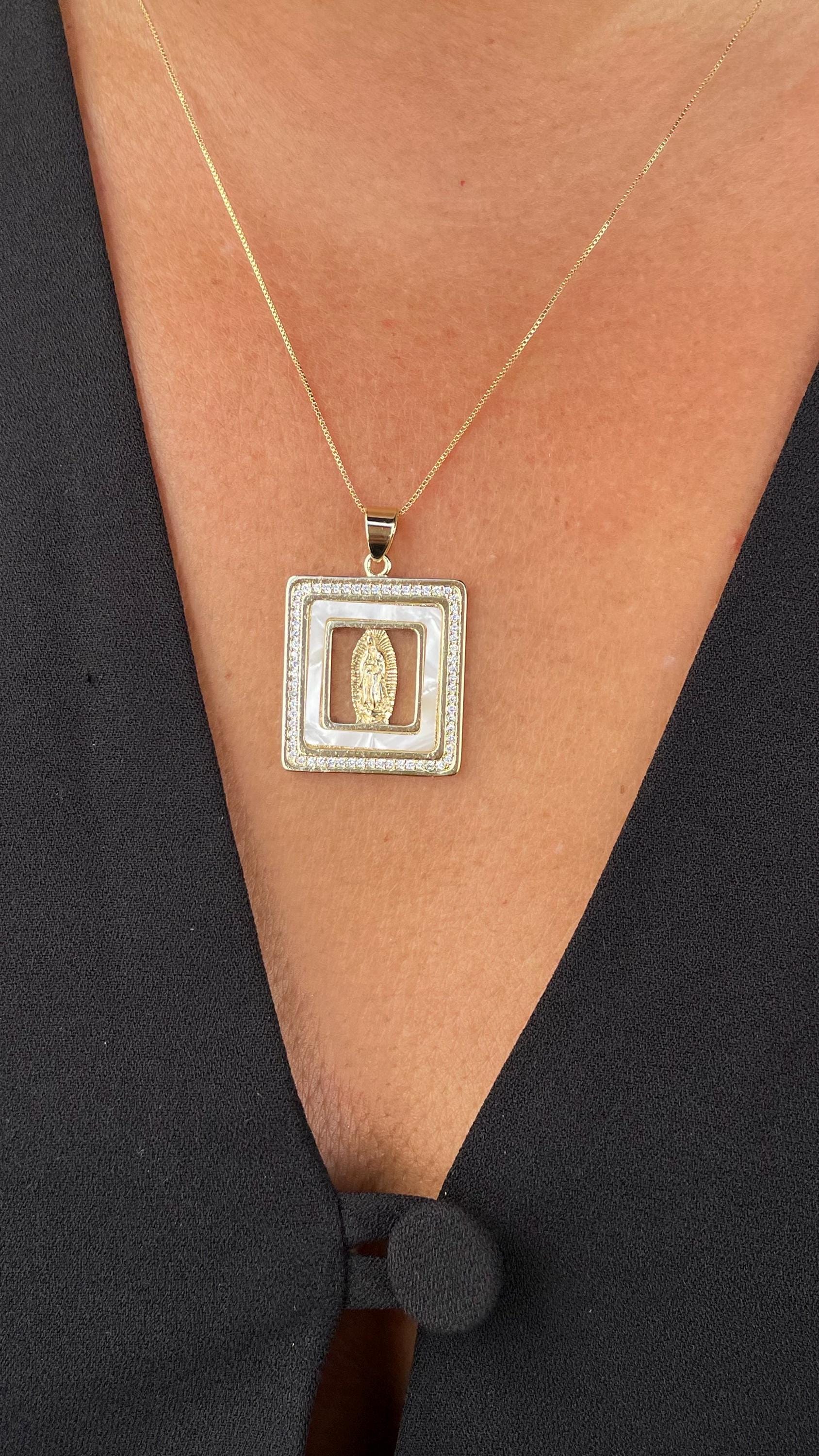 18k Gold Filled Mother of Pearl Square See Through Medallion Engraved with Virgin Mary & CZ
