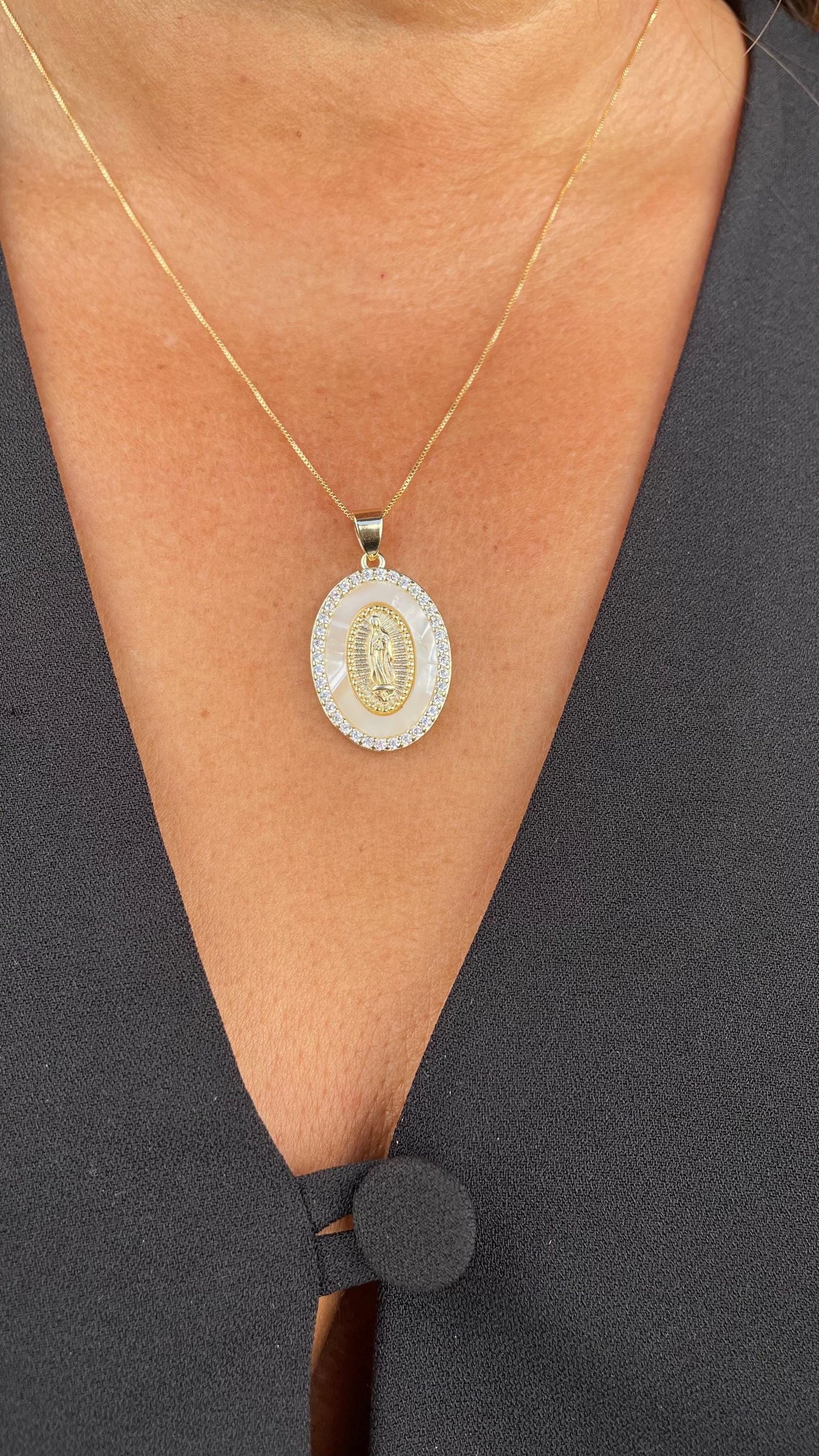 18k Gold Filled Mother of Pearl Oval Medallion Engraved with Virgin Mary & CZ