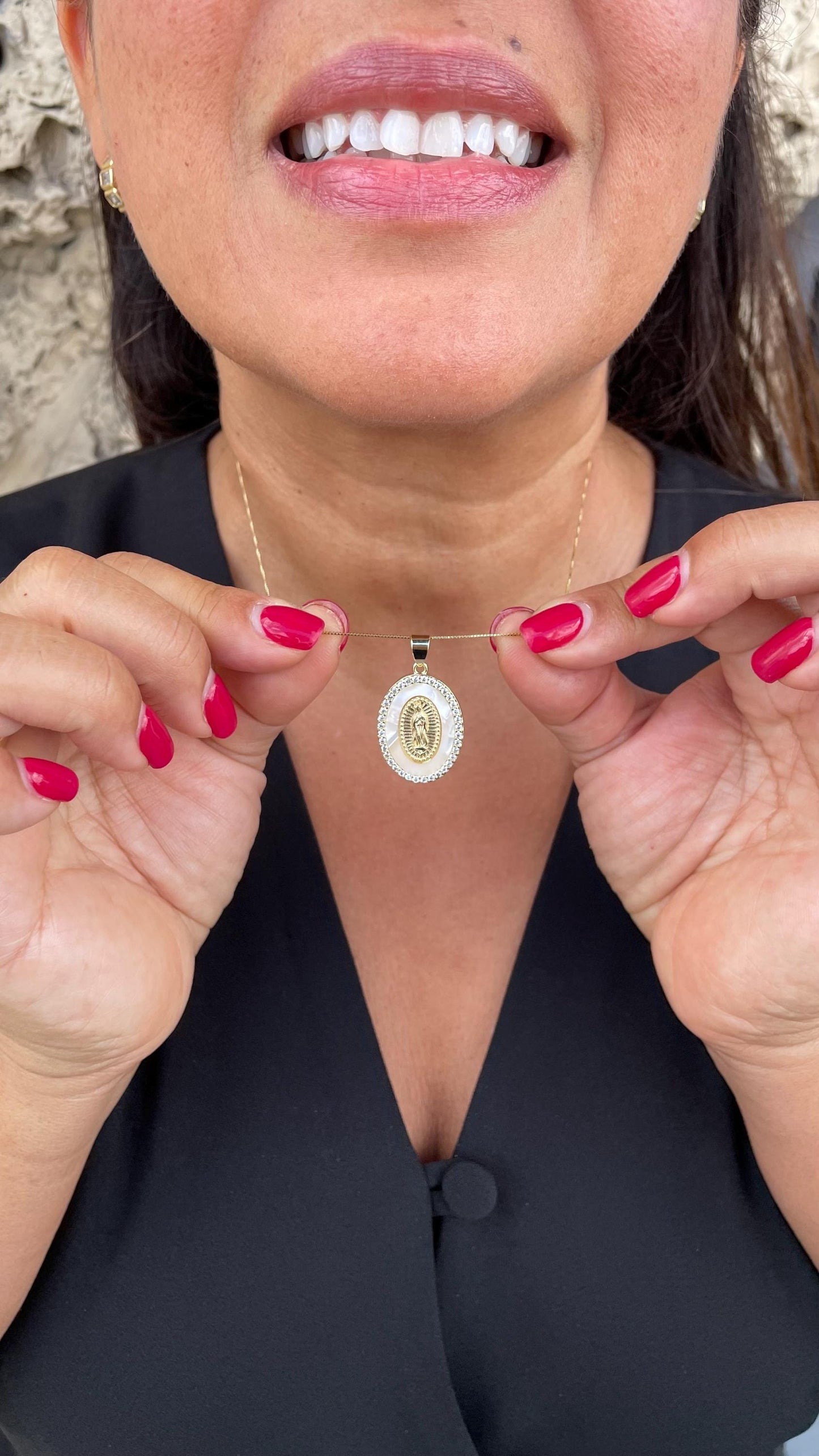 18k Gold Filled Mother of Pearl Oval Medallion Engraved with Virgin Mary & CZ