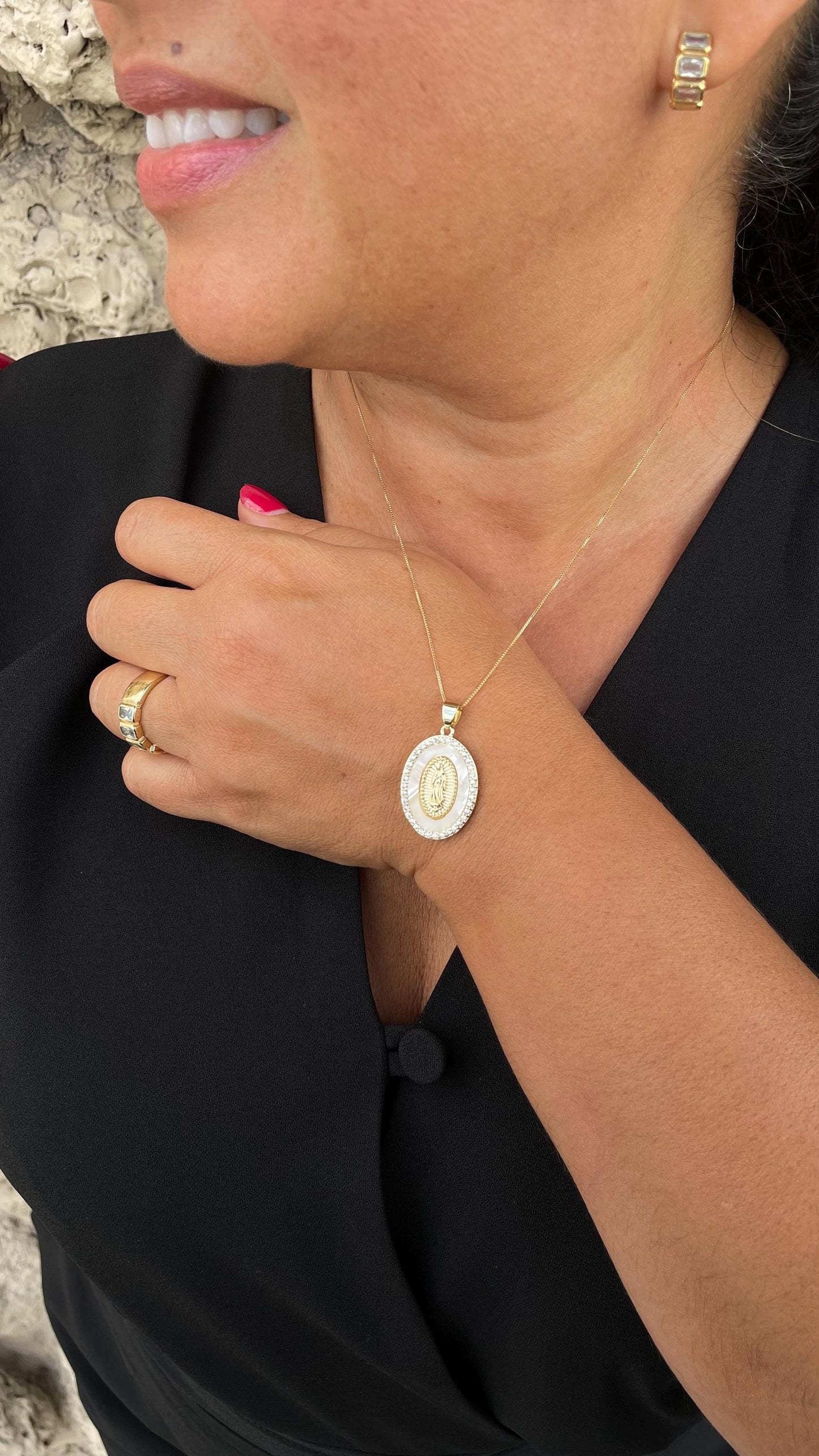 18k Gold Filled Mother of Pearl Oval Medallion Engraved with Virgin Mary & CZ