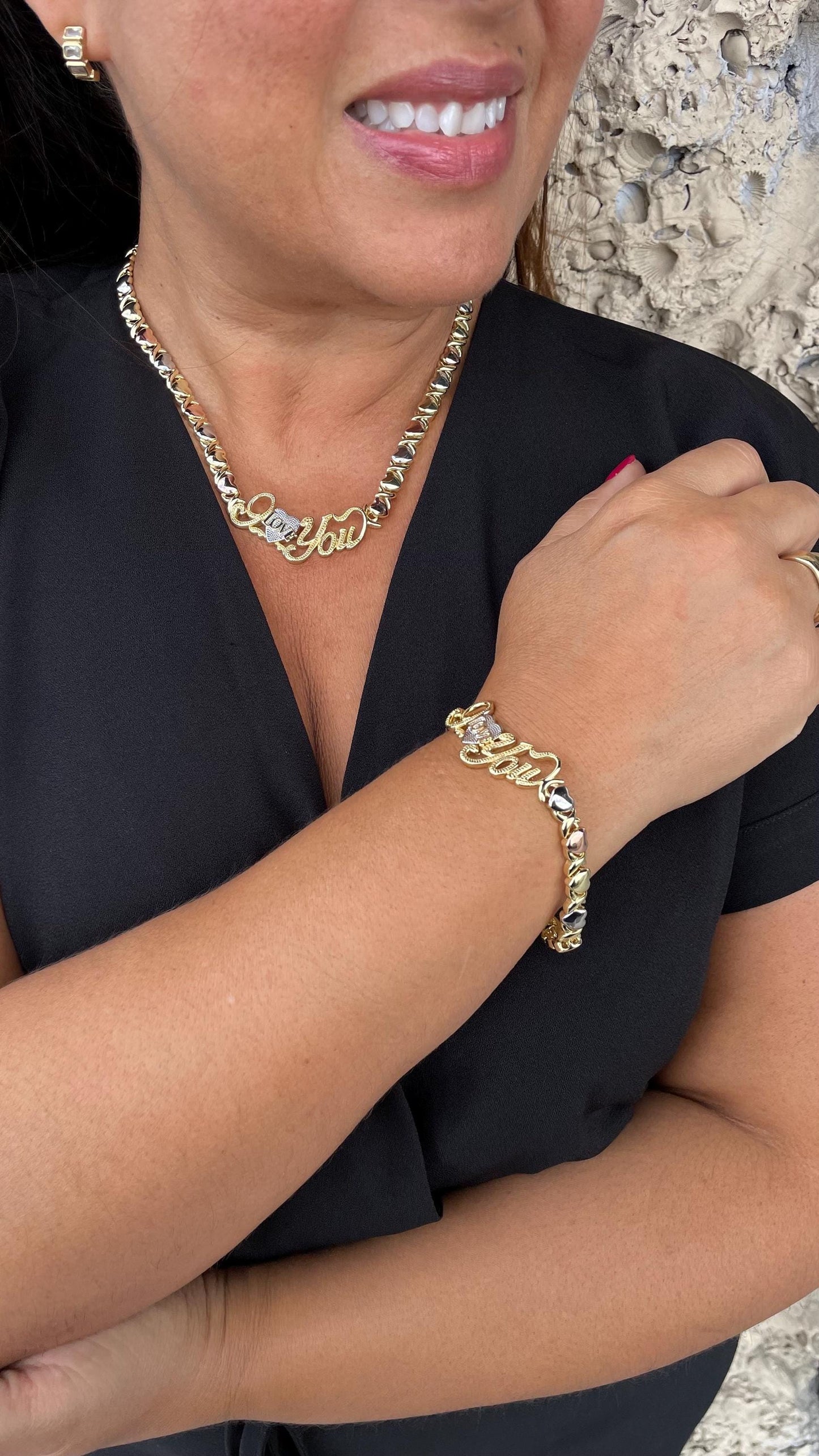 18k Gold Filled "Love You" Heart XOXO Bracelet and Necklace Set