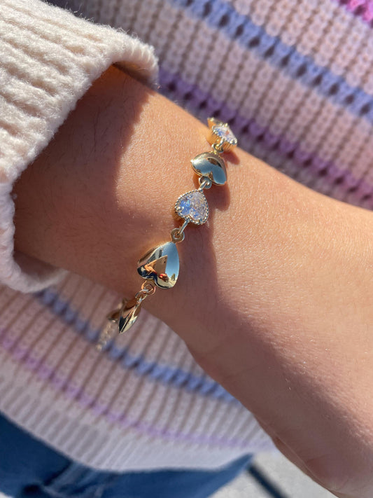 18k Gold Filled Puffy Heart Bracelet with CZ Hearts
