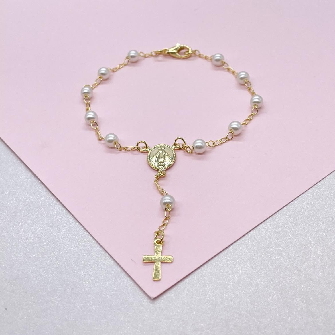 18k Gold Filled Pearl Rosary Bracelet: Virgin Mary Crucifix Charm