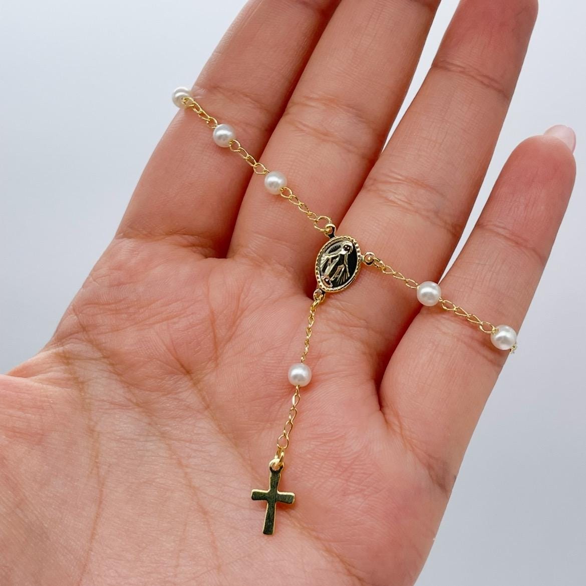 18k Gold Filled Pearl Rosary Bracelet: Virgin Mary Crucifix Charm