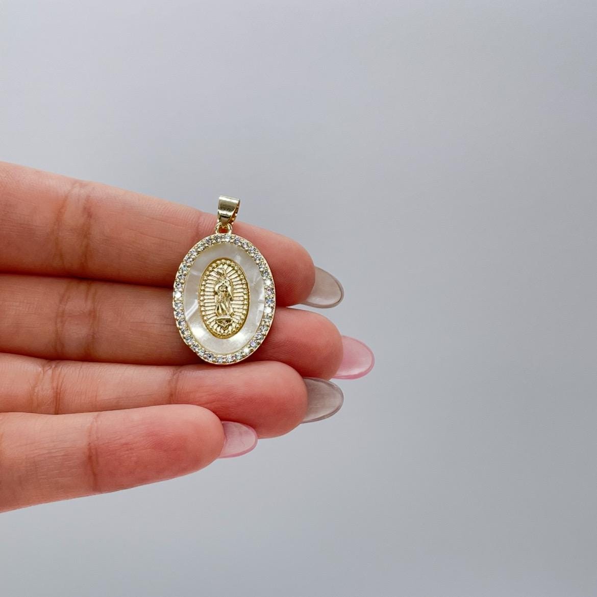 18k Gold Filled Mother of Pearl Oval Medallion Engraved with Virgin Mary & CZ