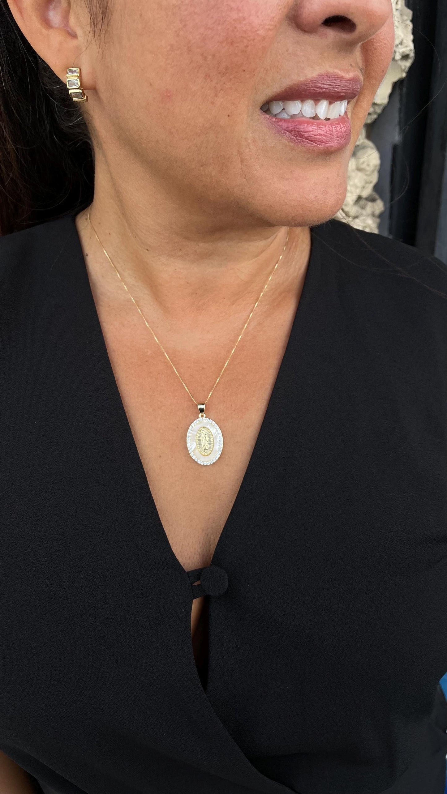 18k Gold Filled Mother of Pearl Oval Medallion Engraved with Virgin Mary & CZ