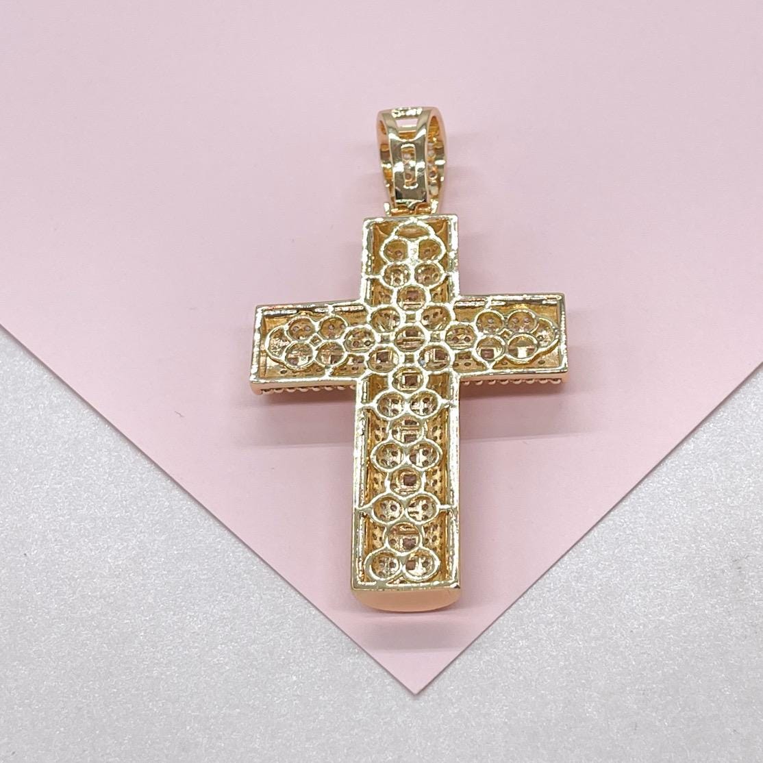 18k Gold Filled XL CZ Pave Cross Pendant with Radiant cut a Stones