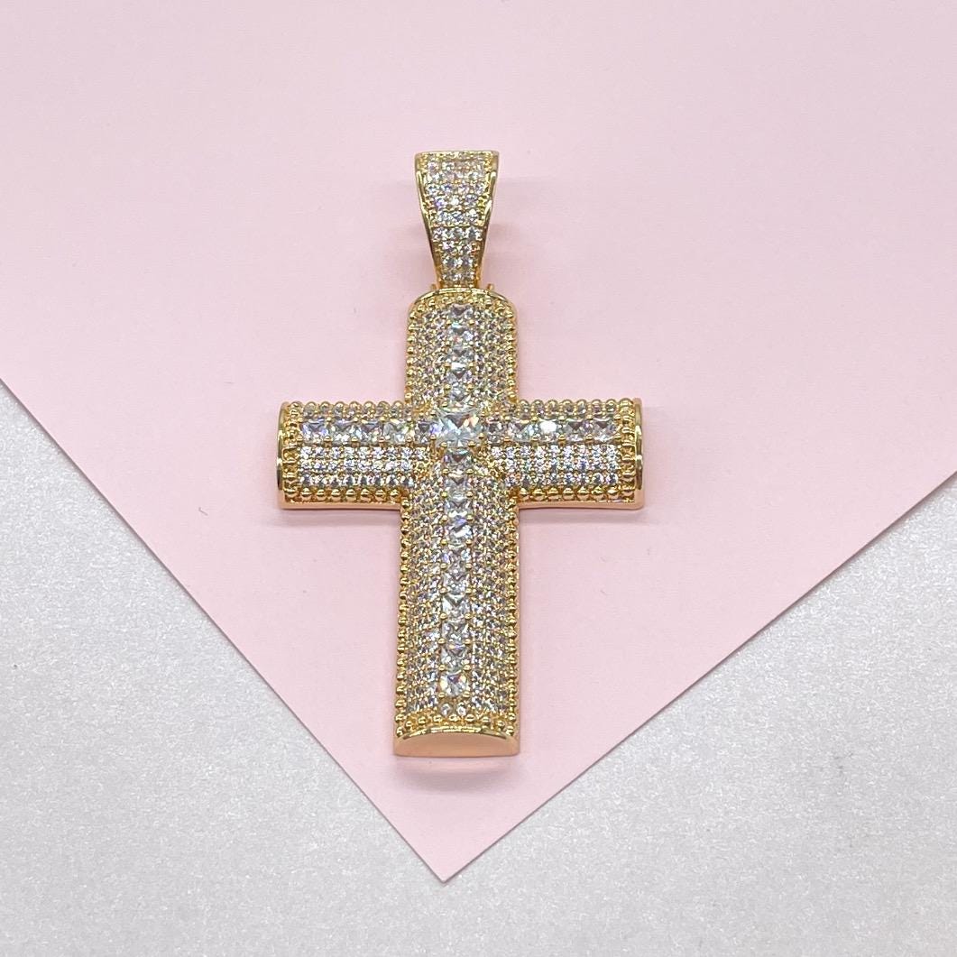 18k Gold Filled XL CZ Pave Cross Pendant with Radiant cut a Stones