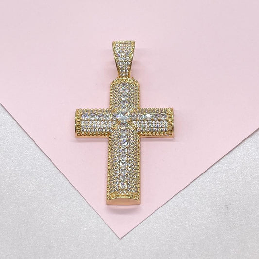 18k Gold Filled XL CZ Pave Cross Pendant with Radiant cut a Stones