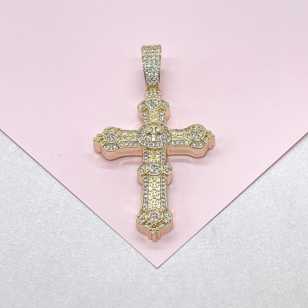 18k Gold Filled XL Crucifix with CZ Pave and engraved Skull