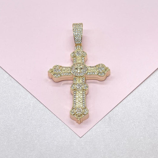 18k Gold Filled XL Crucifix with CZ Pave and engraved Skull