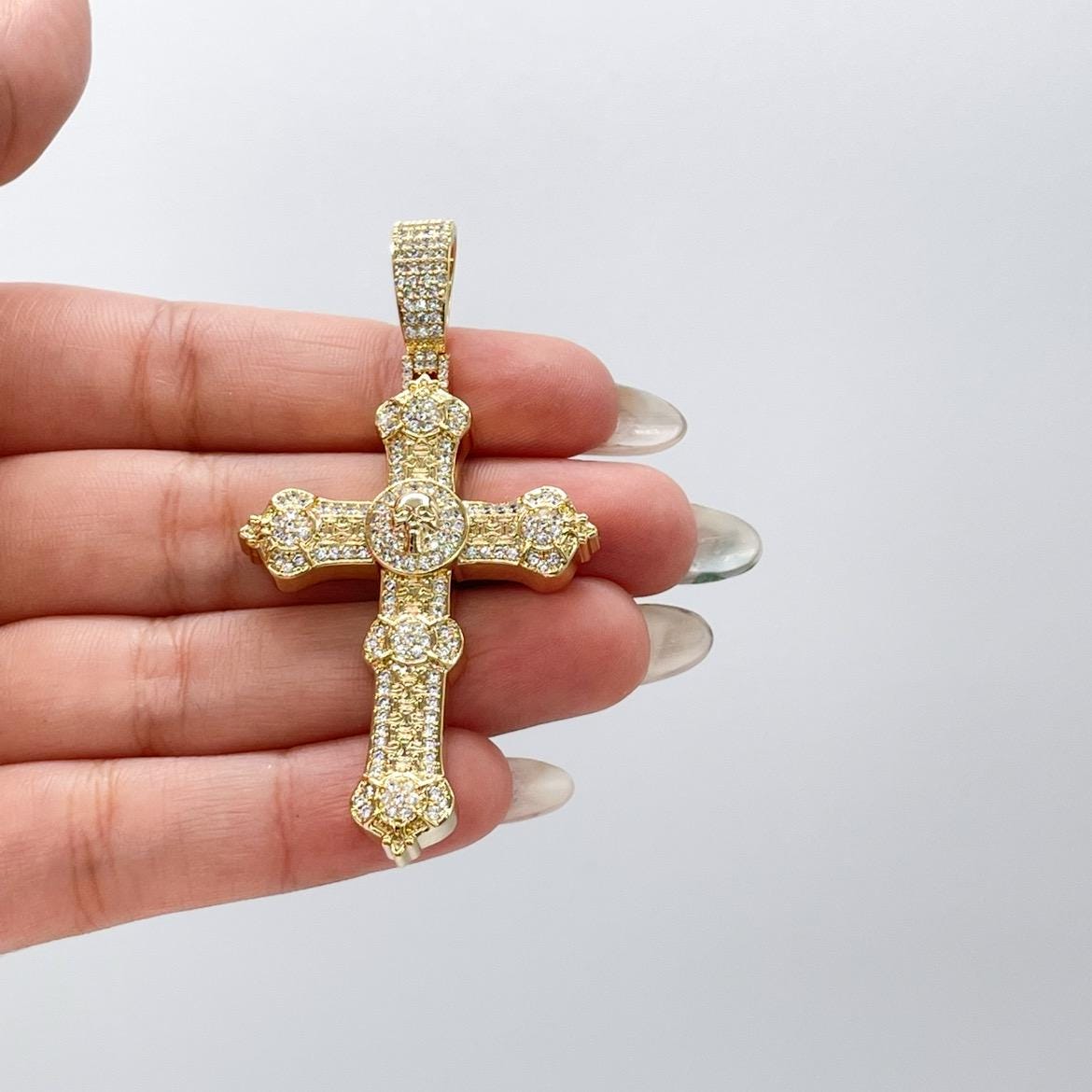 18k Gold Filled XL Crucifix with CZ Pave and engraved Skull