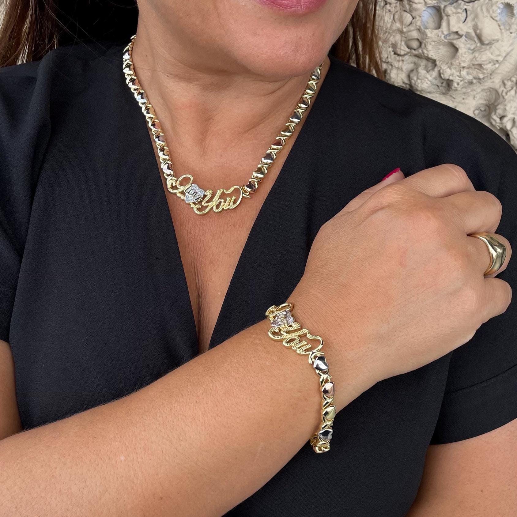 18k Gold Filled "Love You" Heart XOXO Bracelet and Necklace Set