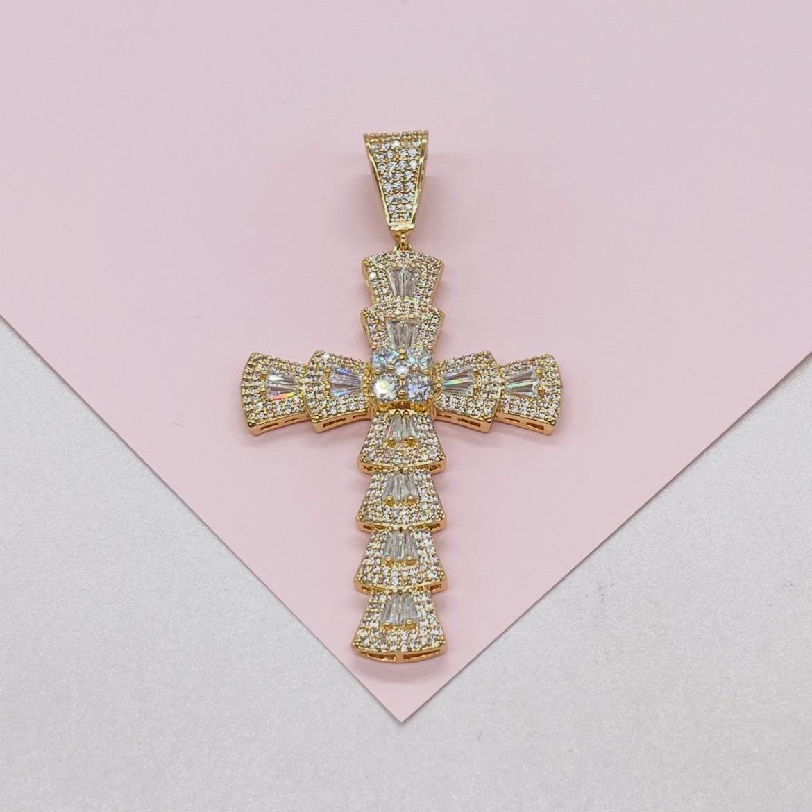 18k Gold Filled Baguette Stone Cross Pendant