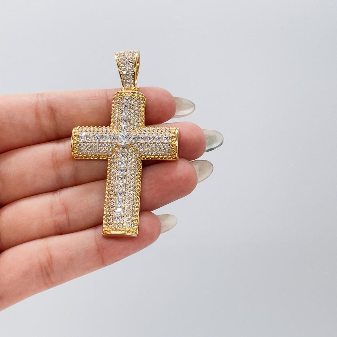 18k Gold Filled XL CZ Pave Cross Pendant with Radiant cut a Stones