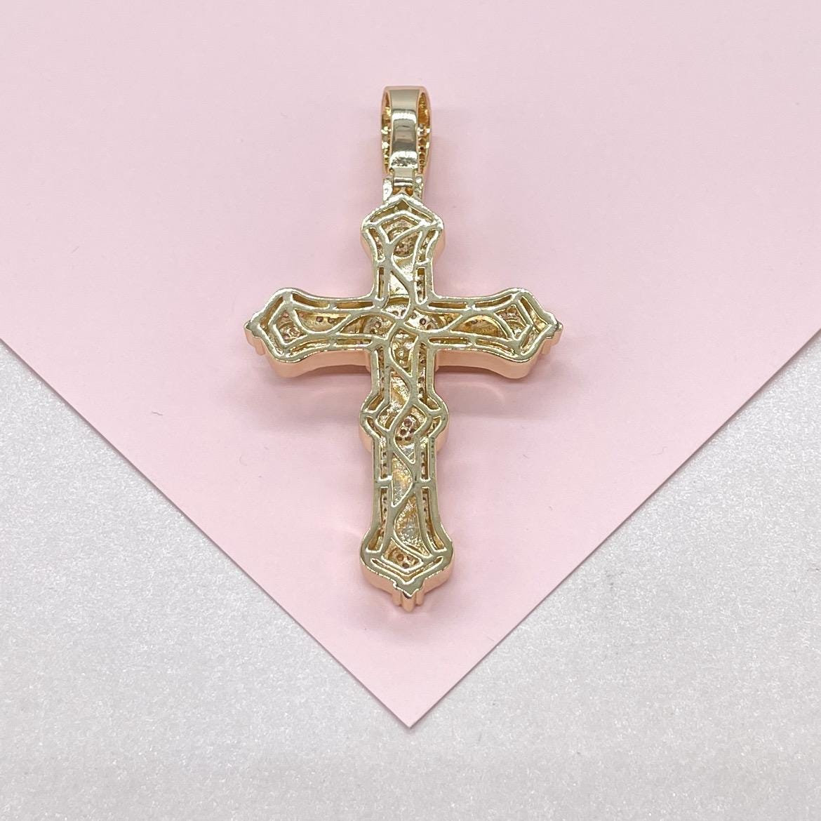 18k Gold Filled XL Crucifix with CZ Pave and engraved Skull