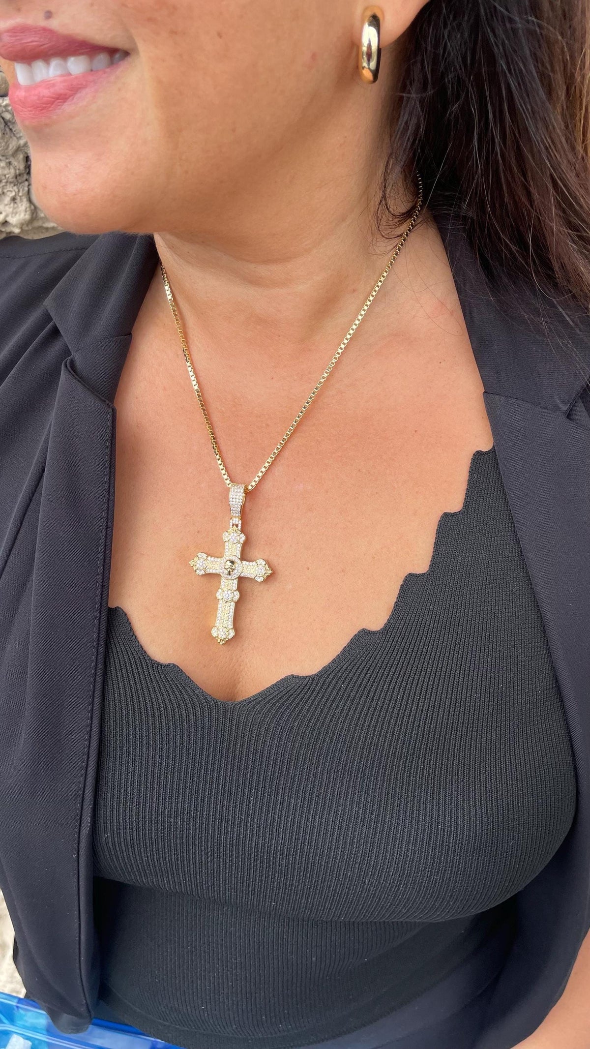 18k Gold Filled XL Crucifix with CZ Pave and engraved Skull