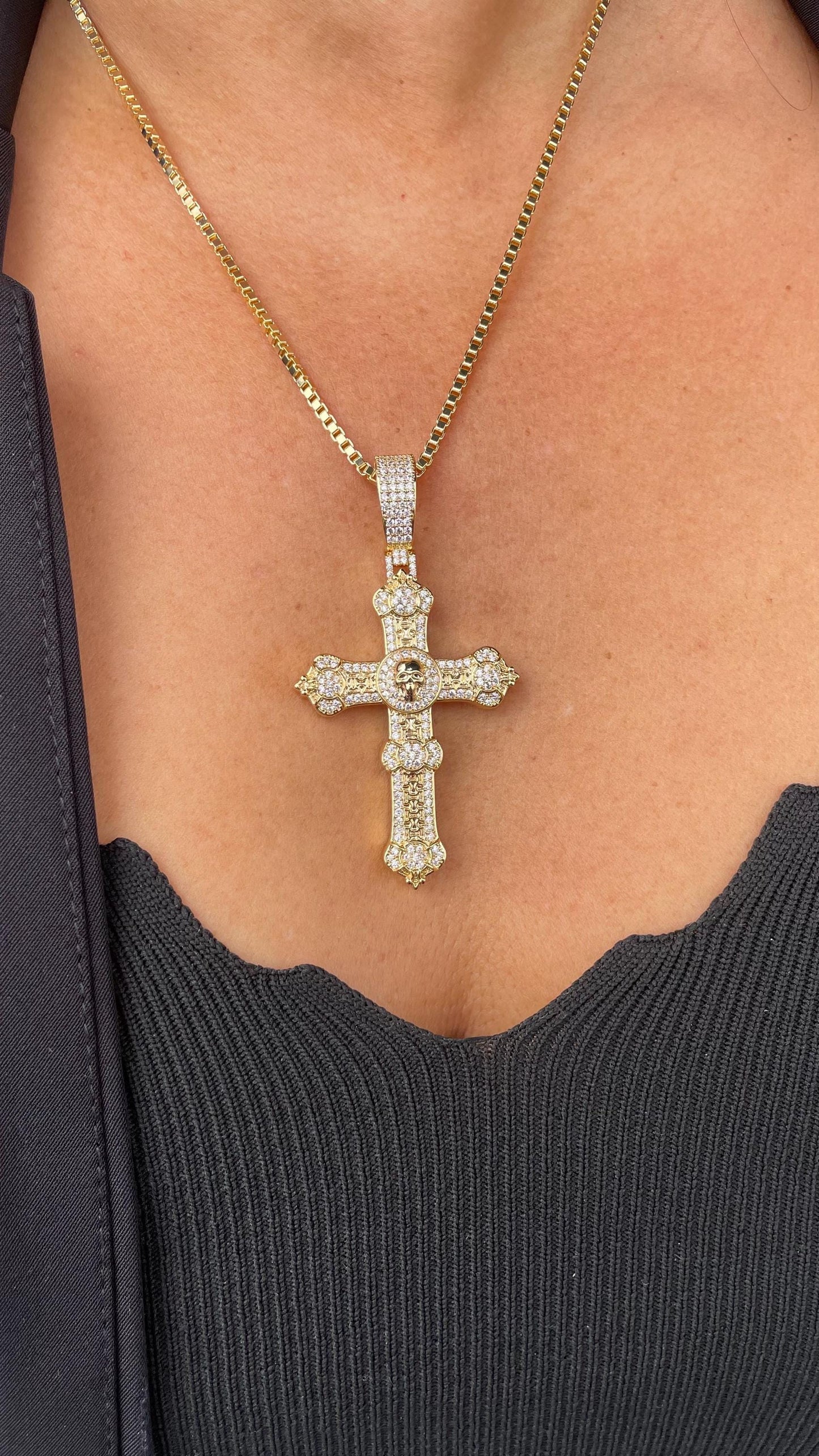 18k Gold Filled XL Crucifix with CZ Pave and engraved Skull