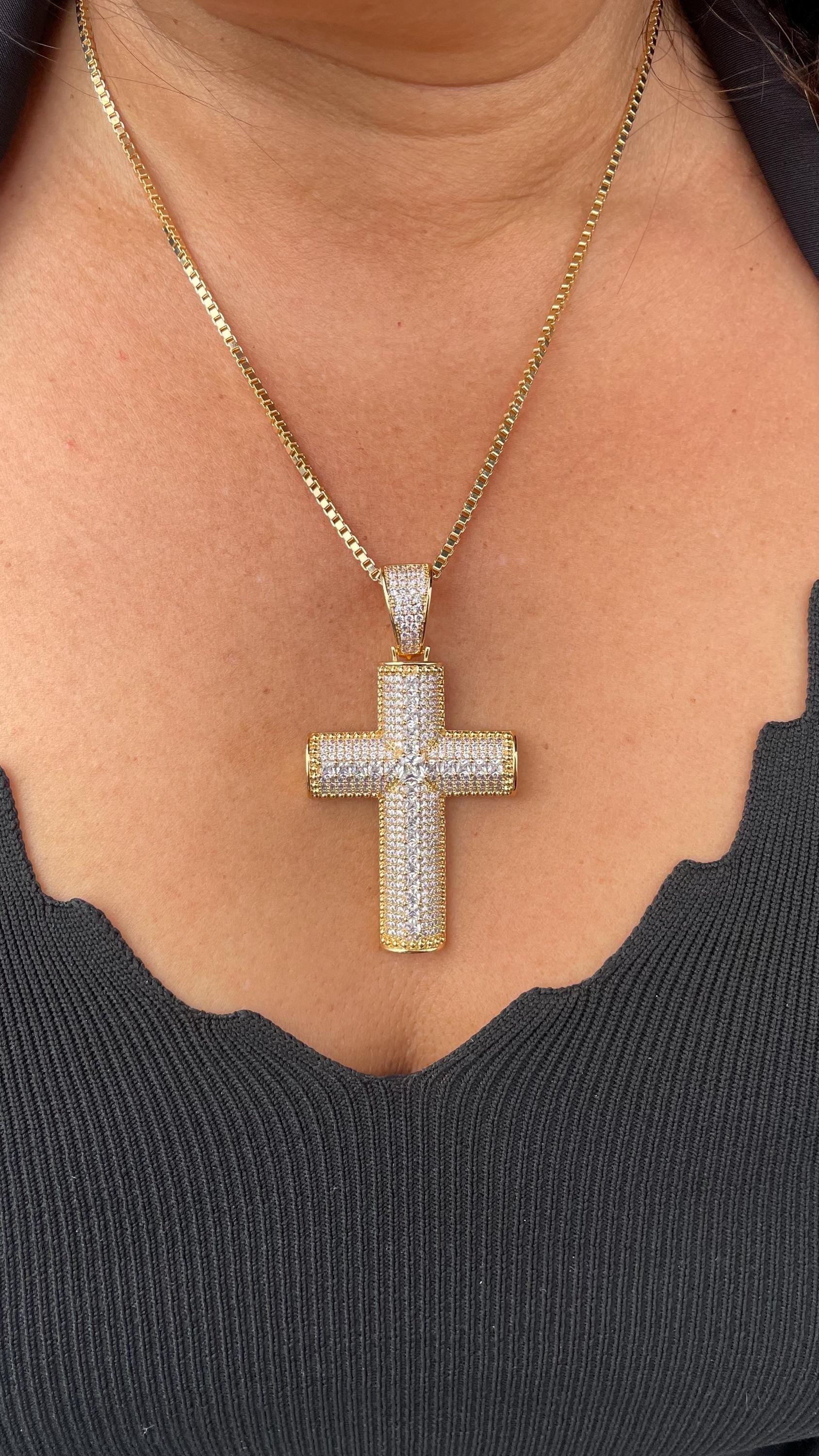 18k Gold Filled XL CZ Pave Cross Pendant with Radiant cut a Stones