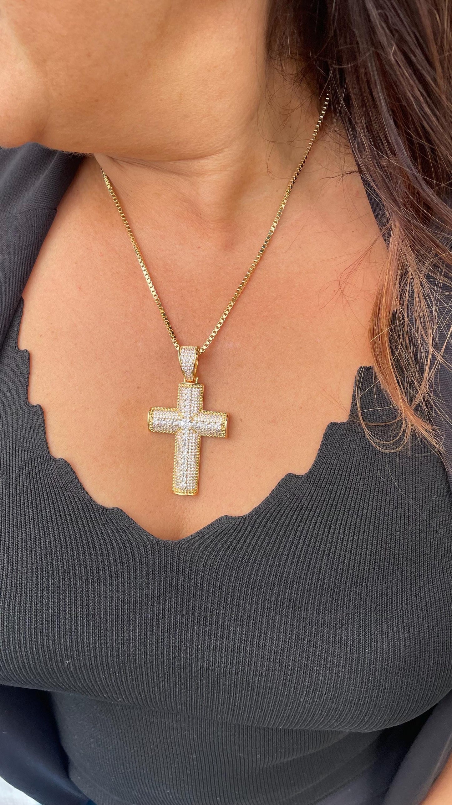 18k Gold Filled XL CZ Pave Cross Pendant with Radiant cut a Stones