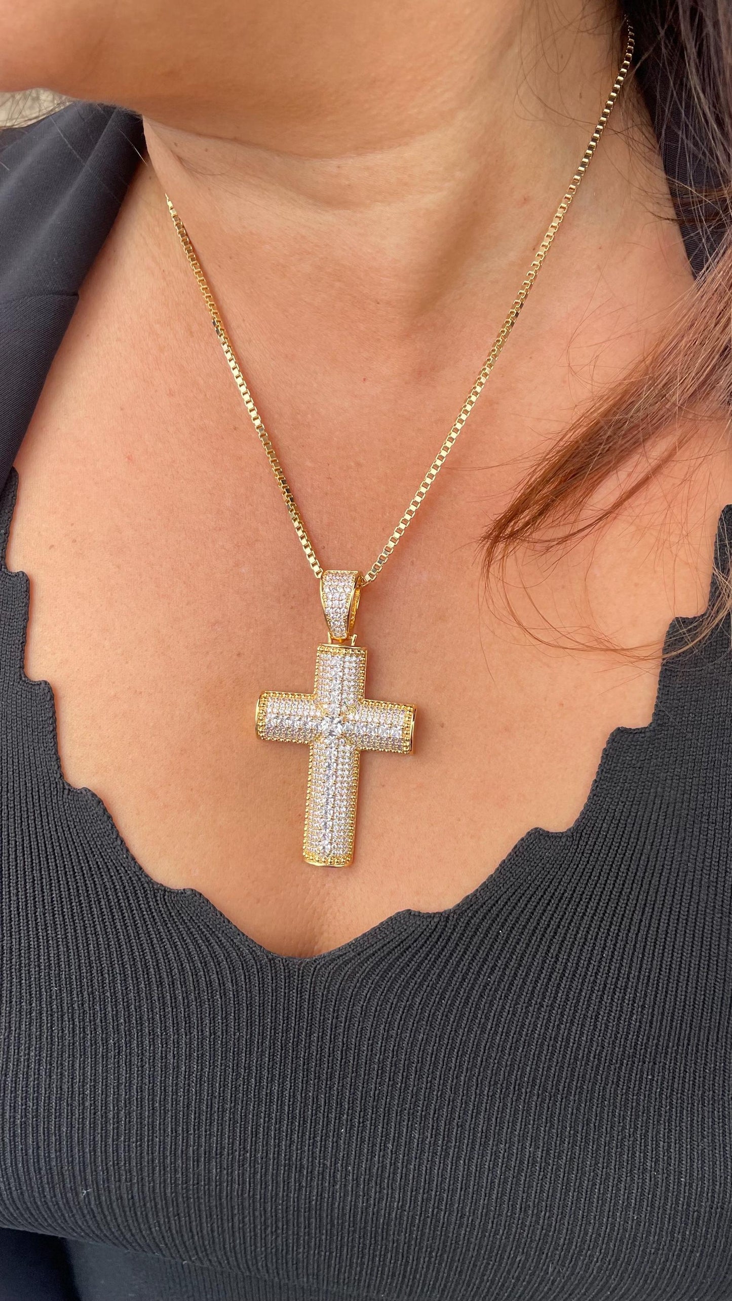 18k Gold Filled XL CZ Pave Cross Pendant with Radiant cut a Stones