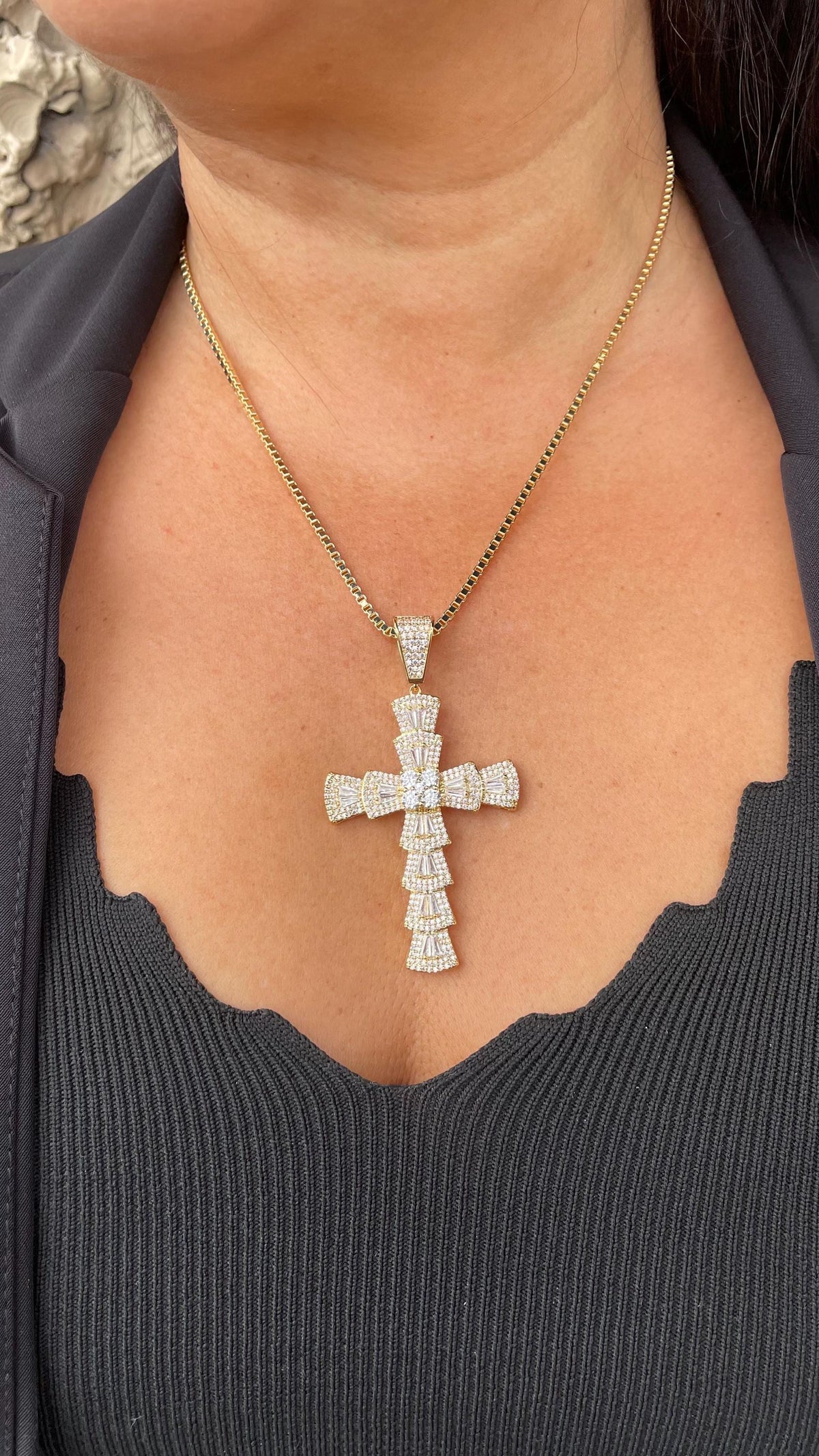 18k Gold Filled Baguette Stone Cross Pendant