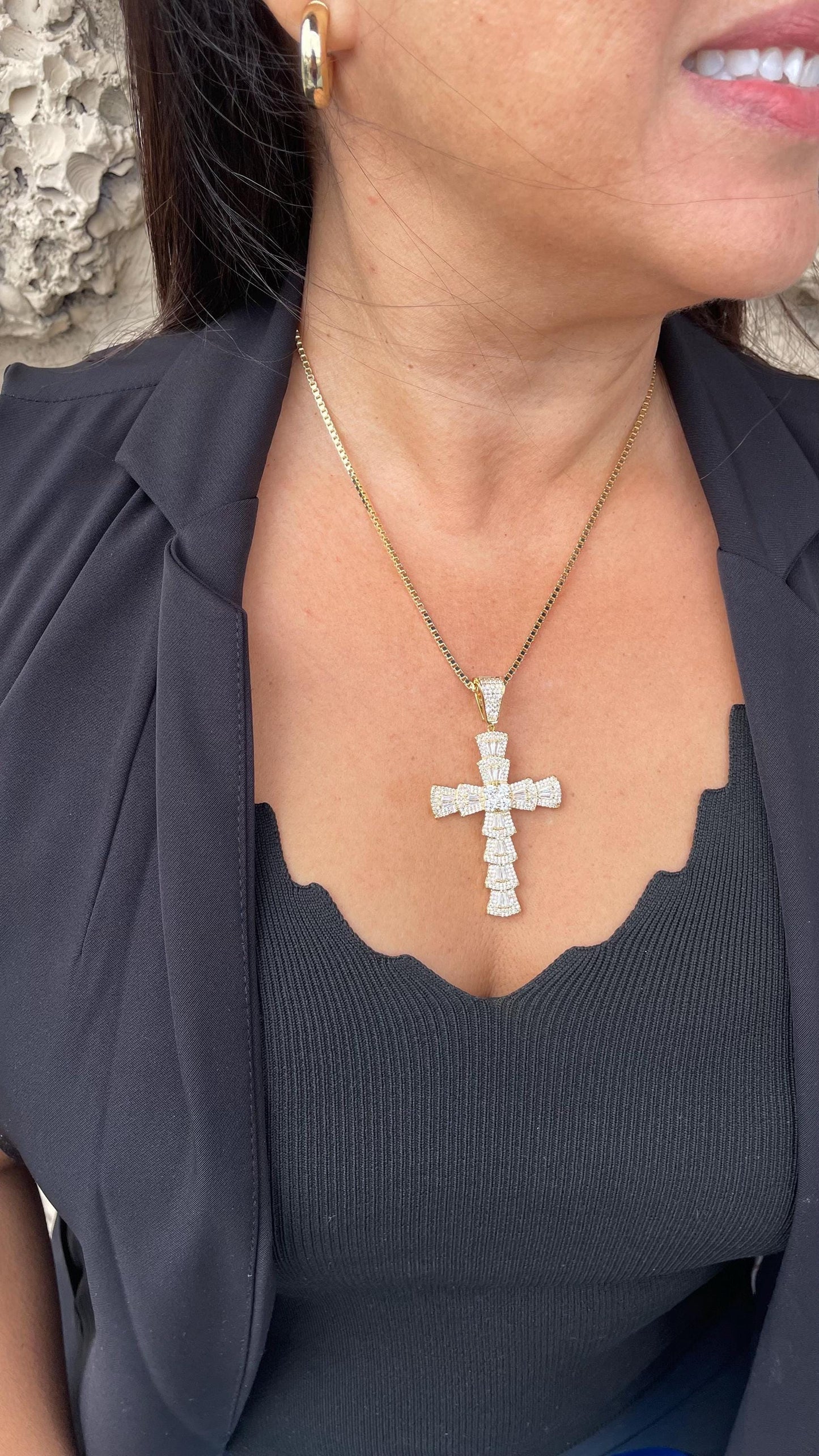 18k Gold Filled Baguette Stone Cross Pendant