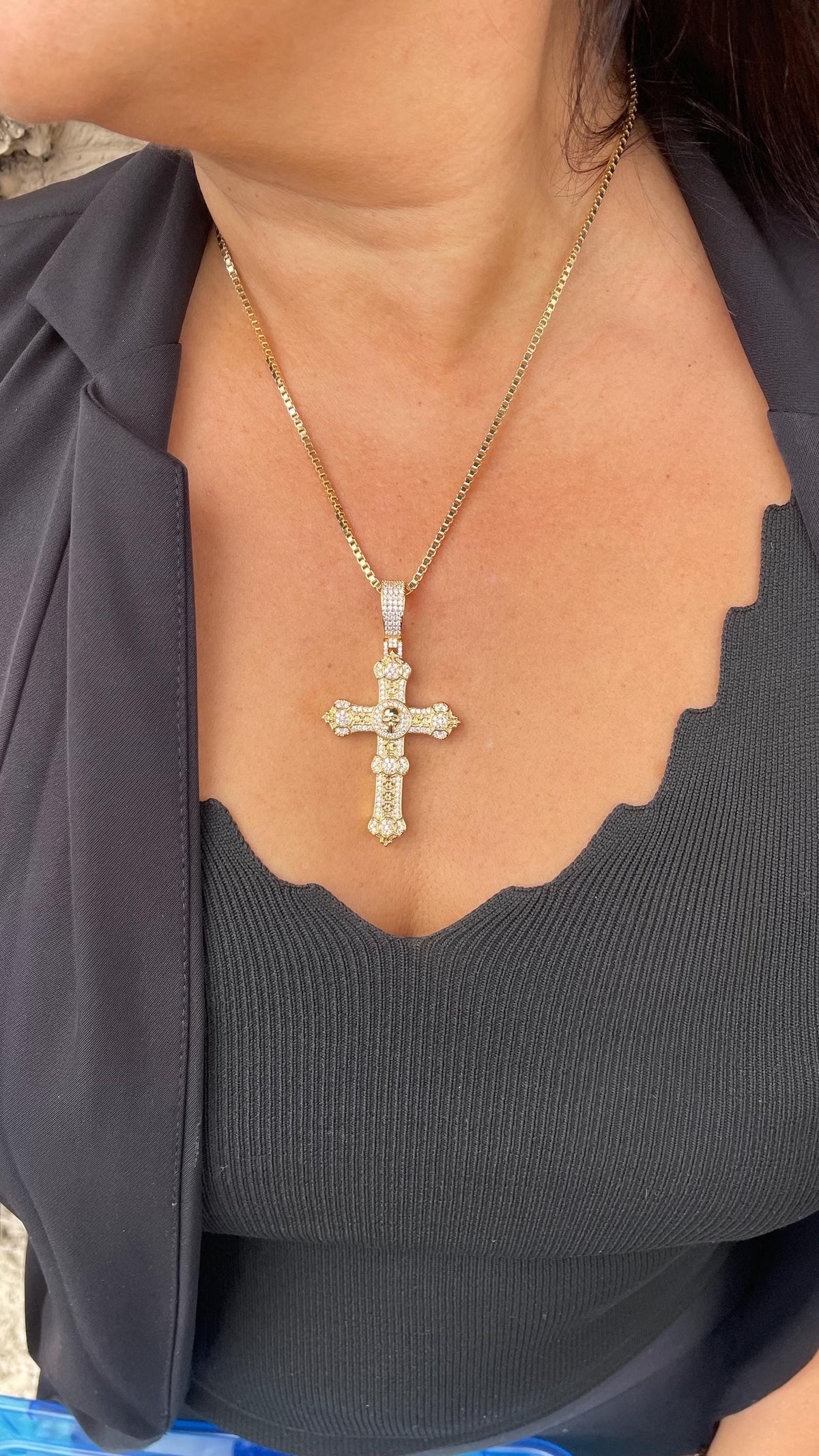 18k Gold Filled XL Crucifix with CZ Pave and engraved Skull