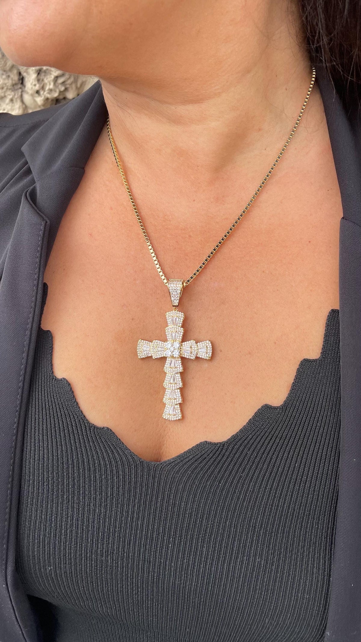 18k Gold Filled Baguette Stone Cross Pendant