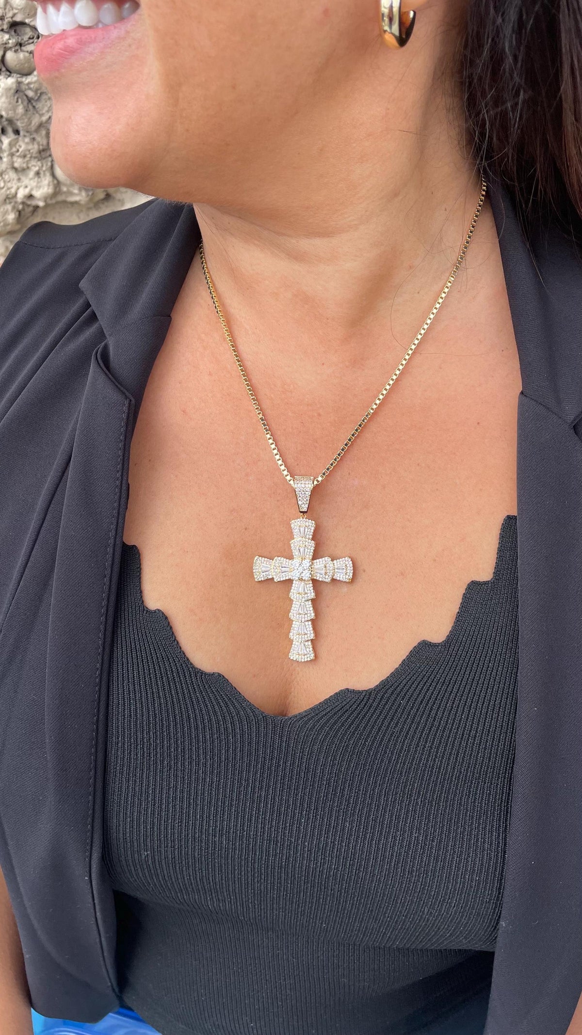 18k Gold Filled Baguette Stone Cross Pendant