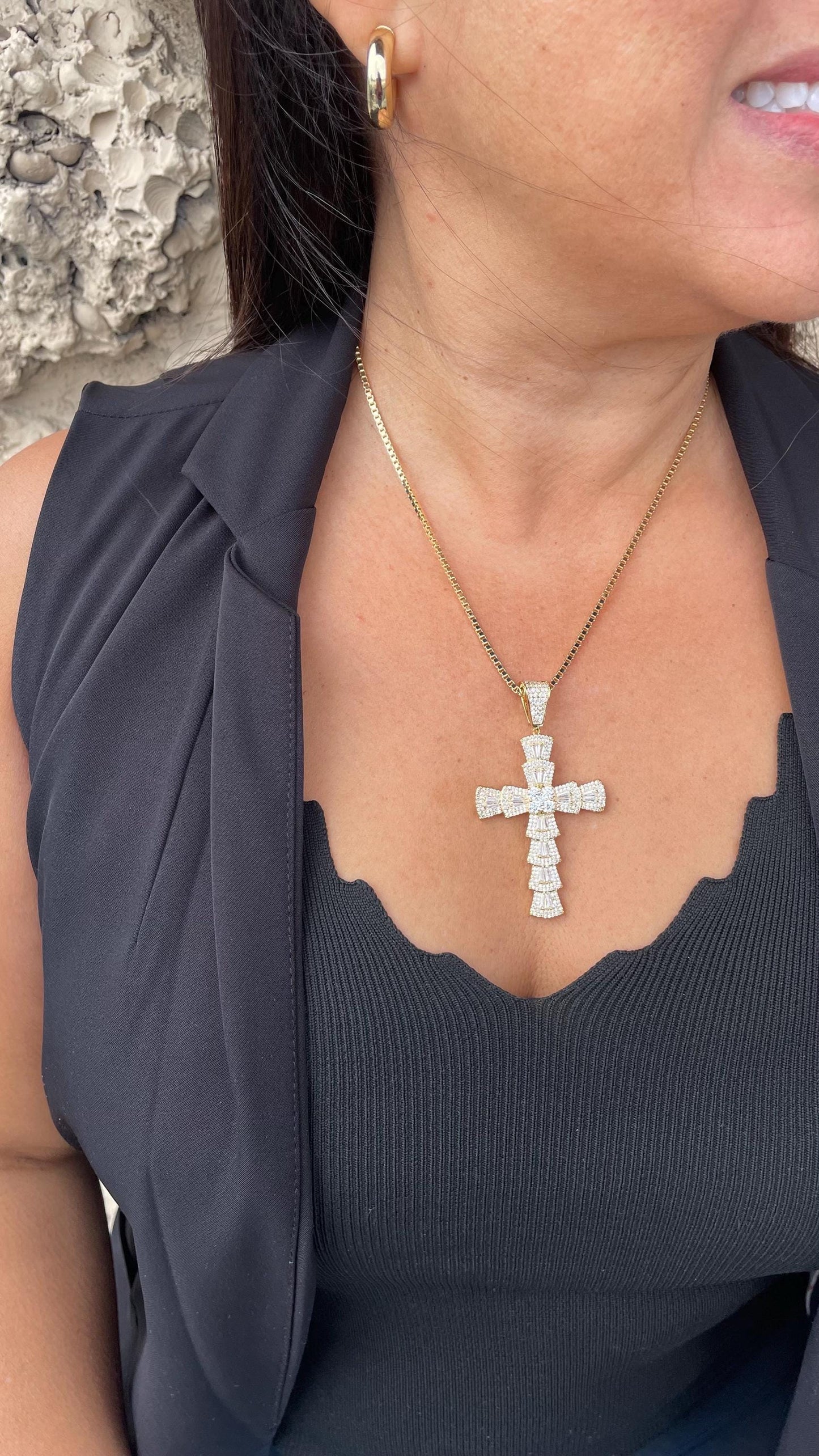 18k Gold Filled Baguette Stone Cross Pendant