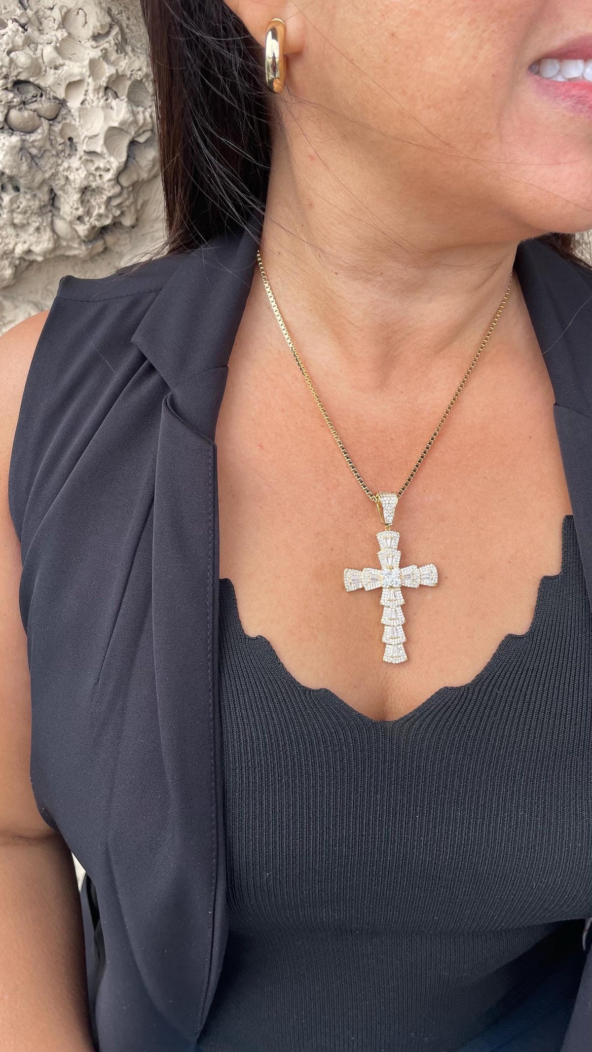 18k Gold Filled Baguette Stone Cross Pendant