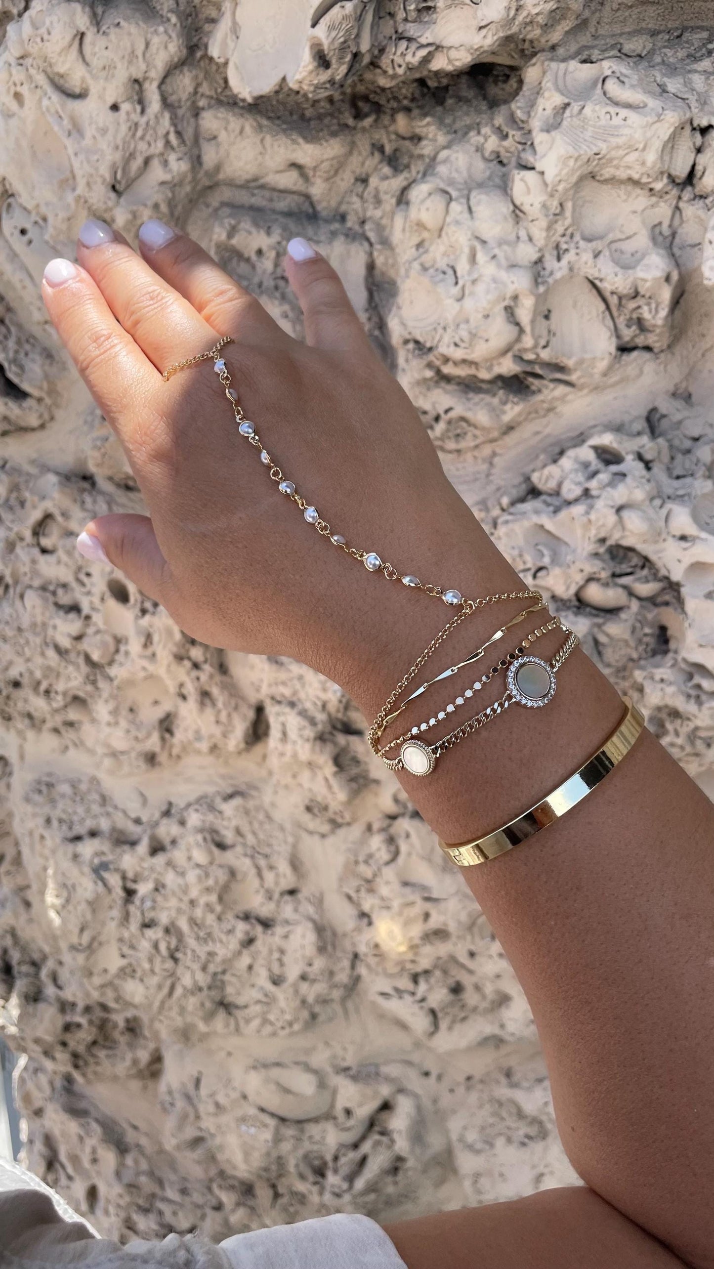 18k Dainty Gold Filled Beaded Round Pearl Satellite Bracelet Clone
