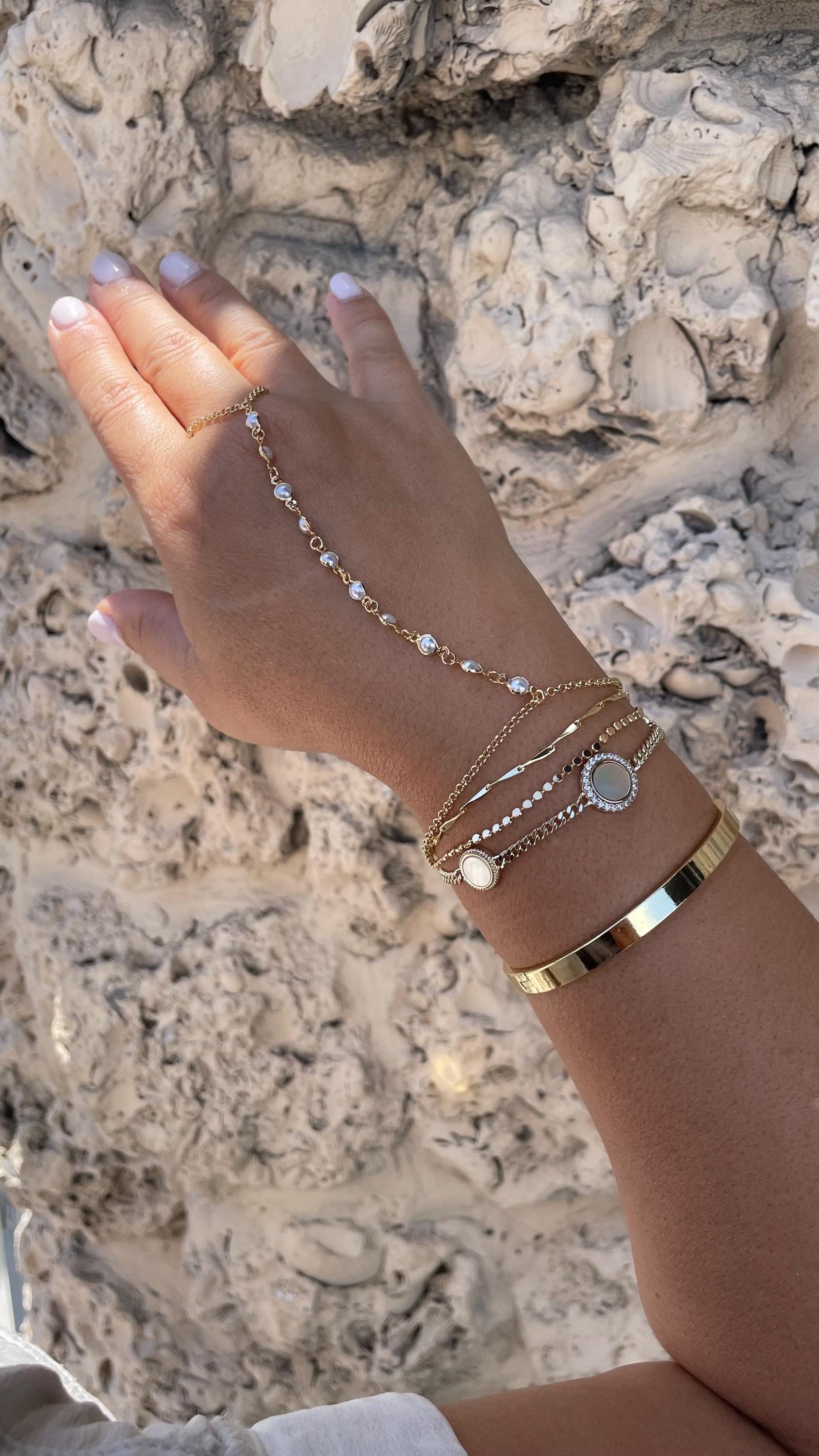 18k Dainty Gold Filled Beaded Round Pearl Satellite Bracelet Clone
