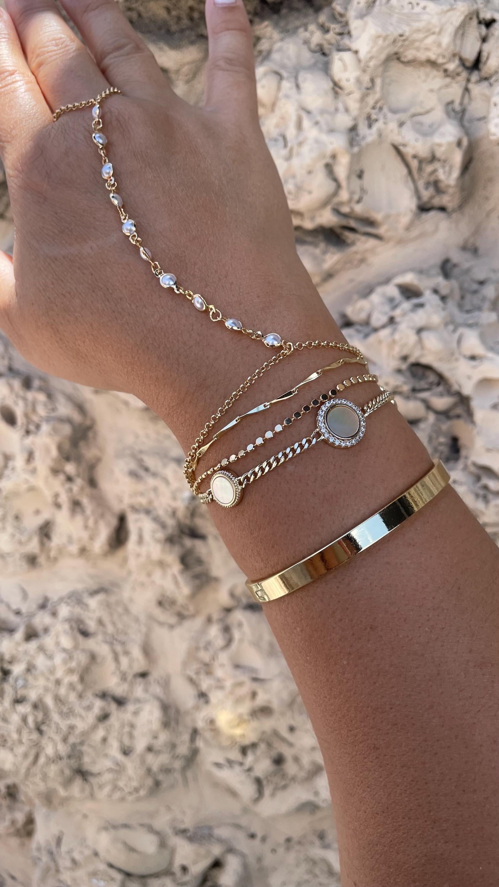 18k Dainty Gold Filled Beaded Round Pearl Satellite Bracelet Clone