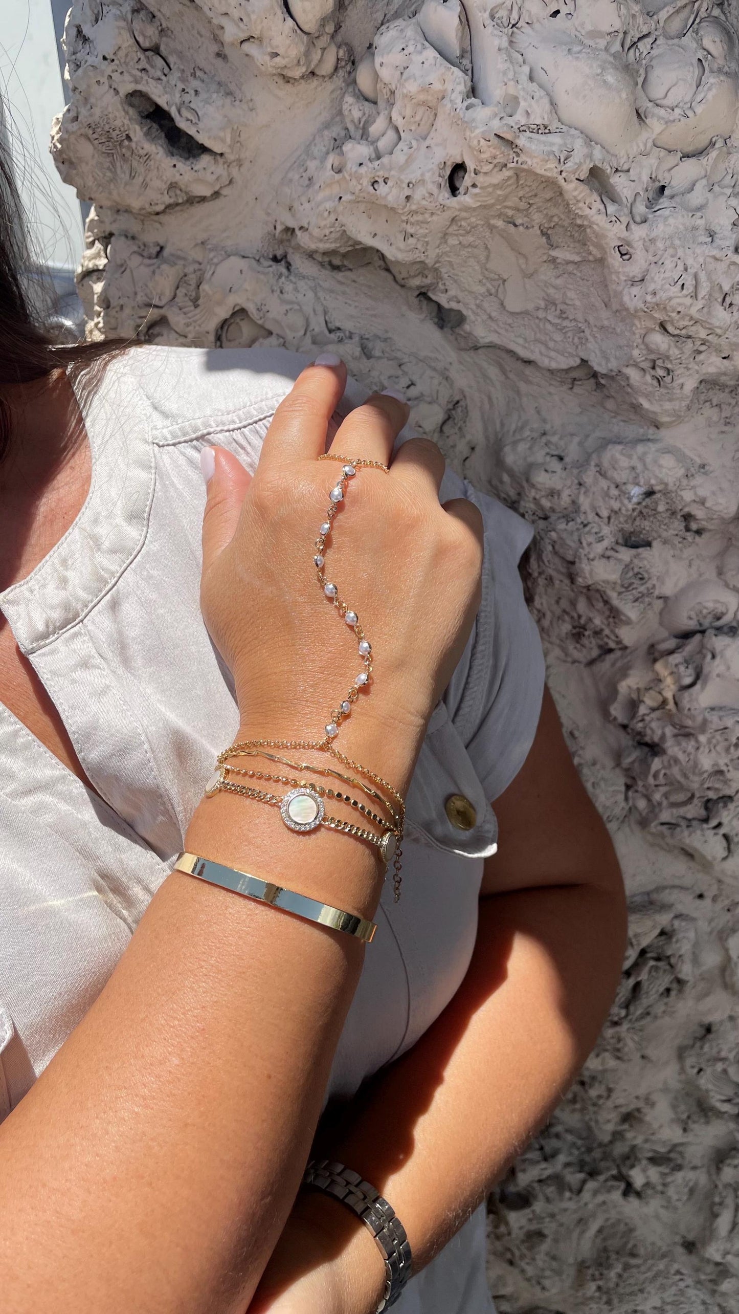 18k Dainty Gold Filled Beaded Round Pearl Satellite Bracelet Clone