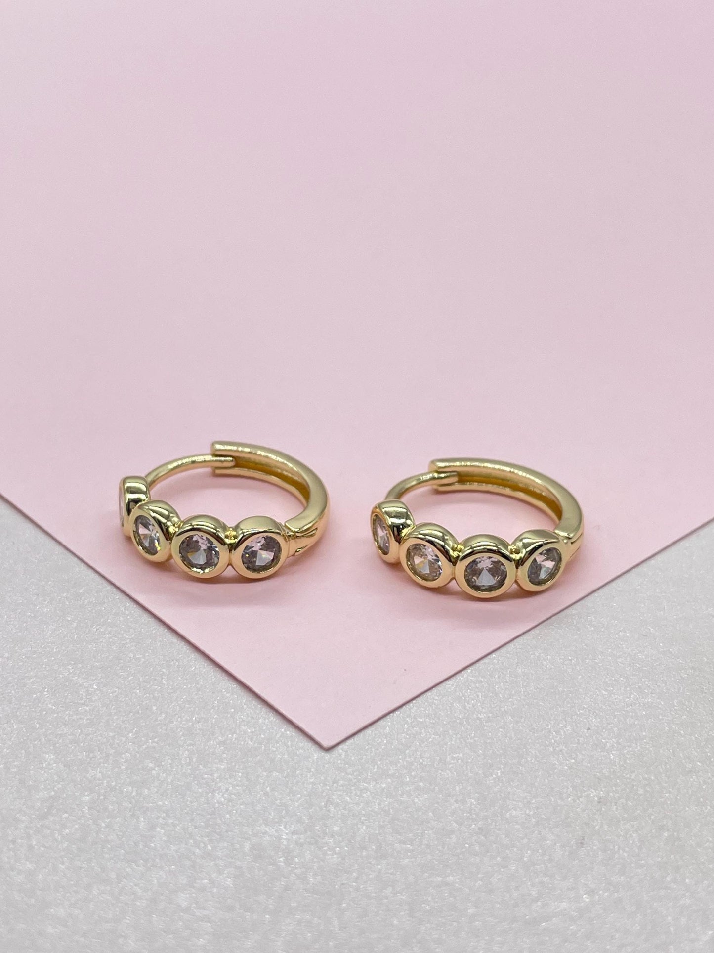 18k Gold Filled Bezeled Huggie Hoop CZ Pave Stones, Clicker Hoop