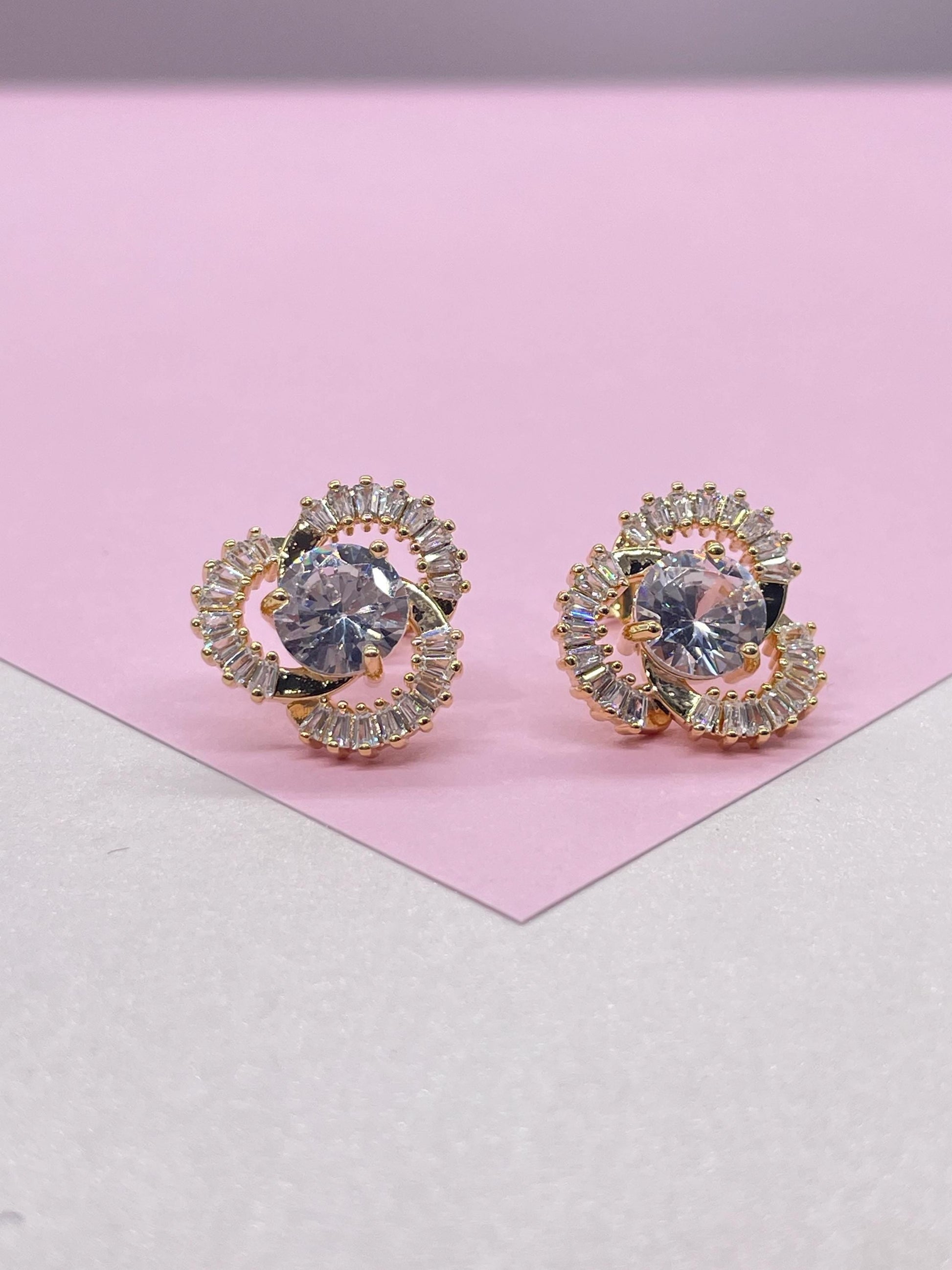 18k Gold Filled Flower Stud Earrings with CZ Stone