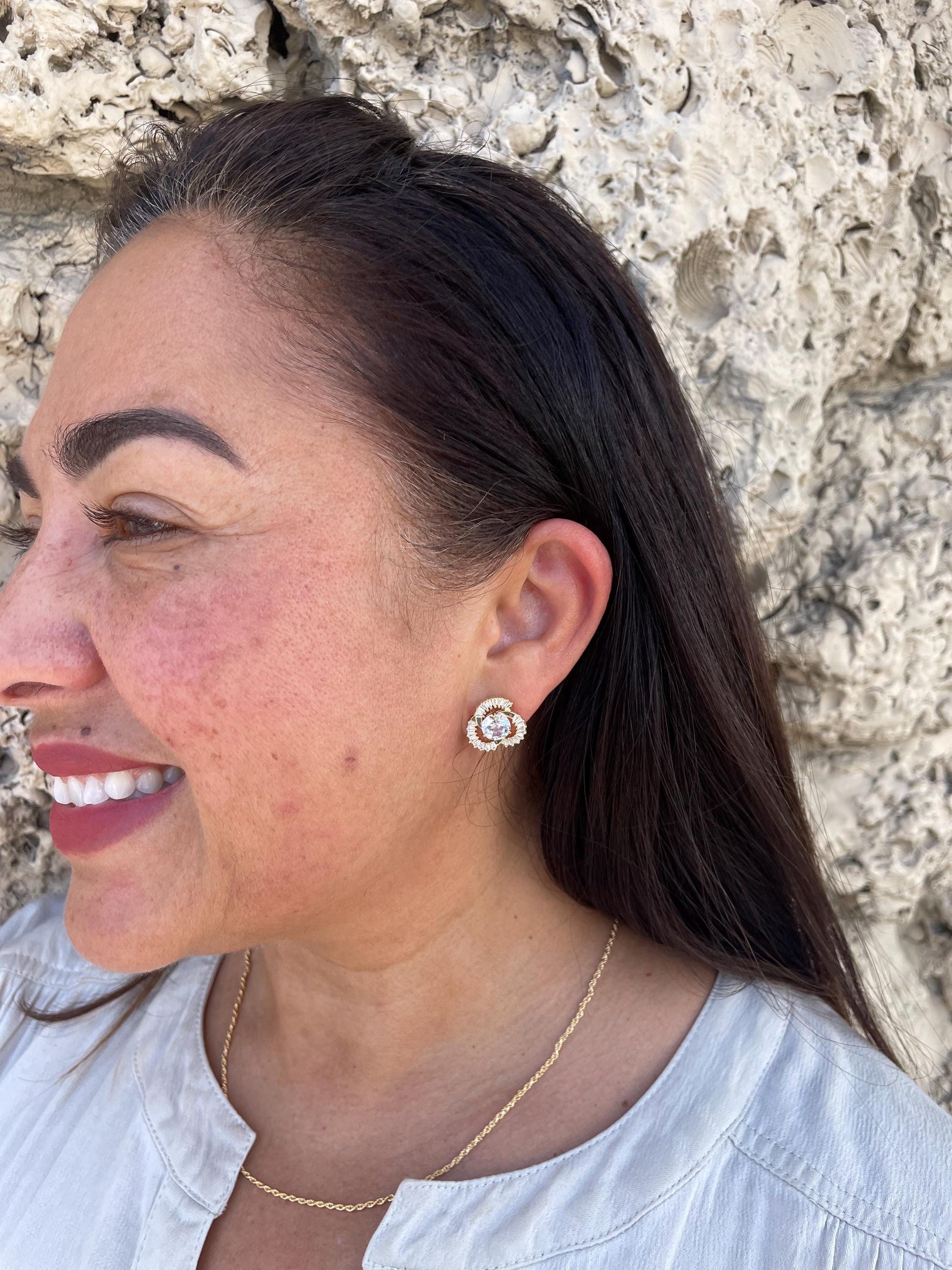 18k Gold Filled Flower Stud Earrings with CZ Stone