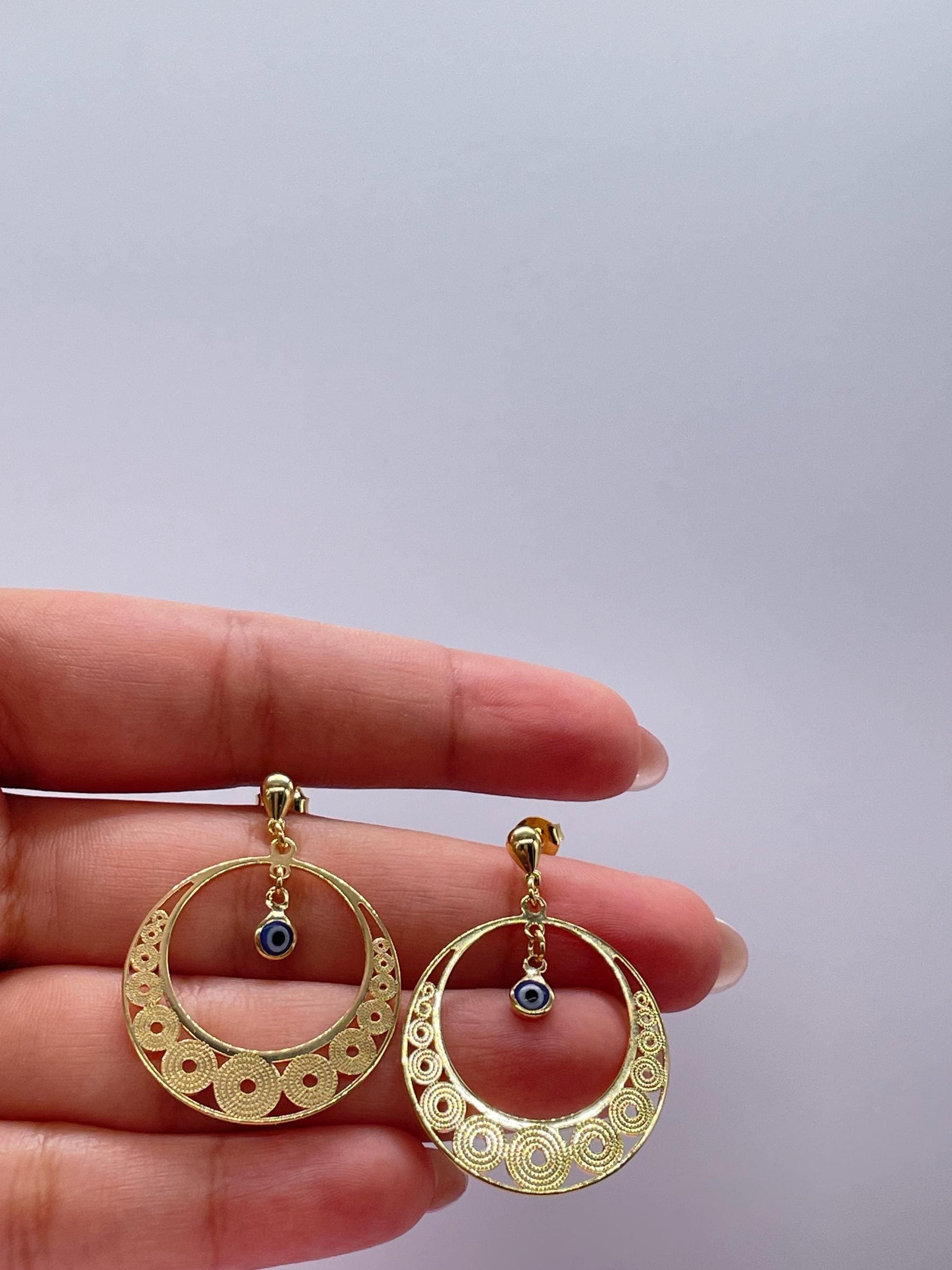 18k Gold Filled Dreamcatcher Earrings: Boho Dangle Jewelry, Round Shape tiny Evil Eye Attached for best of Luck