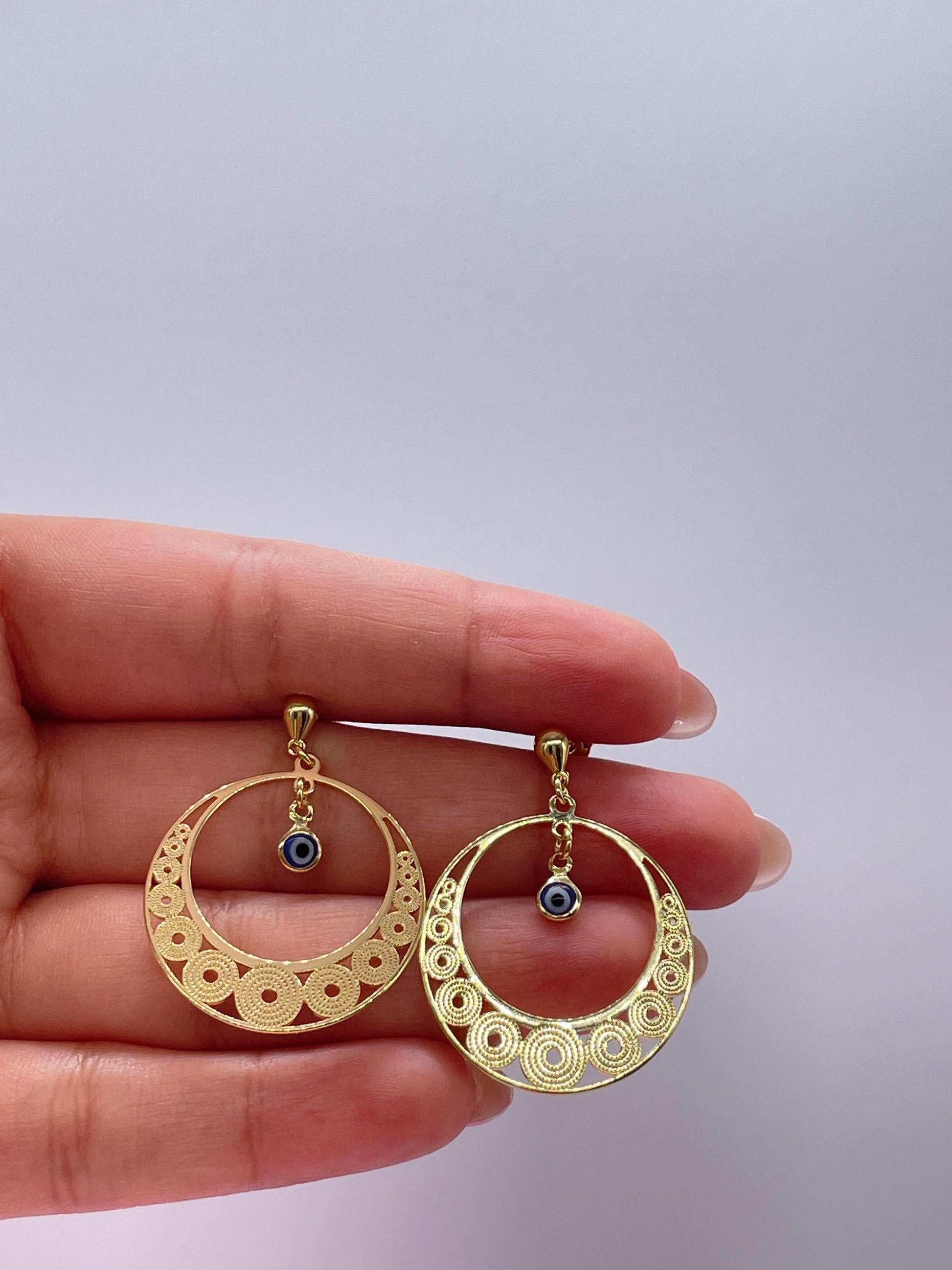 18k Gold Filled Dreamcatcher Earrings: Boho Dangle Jewelry, Round Shape tiny Evil Eye Attached for best of Luck