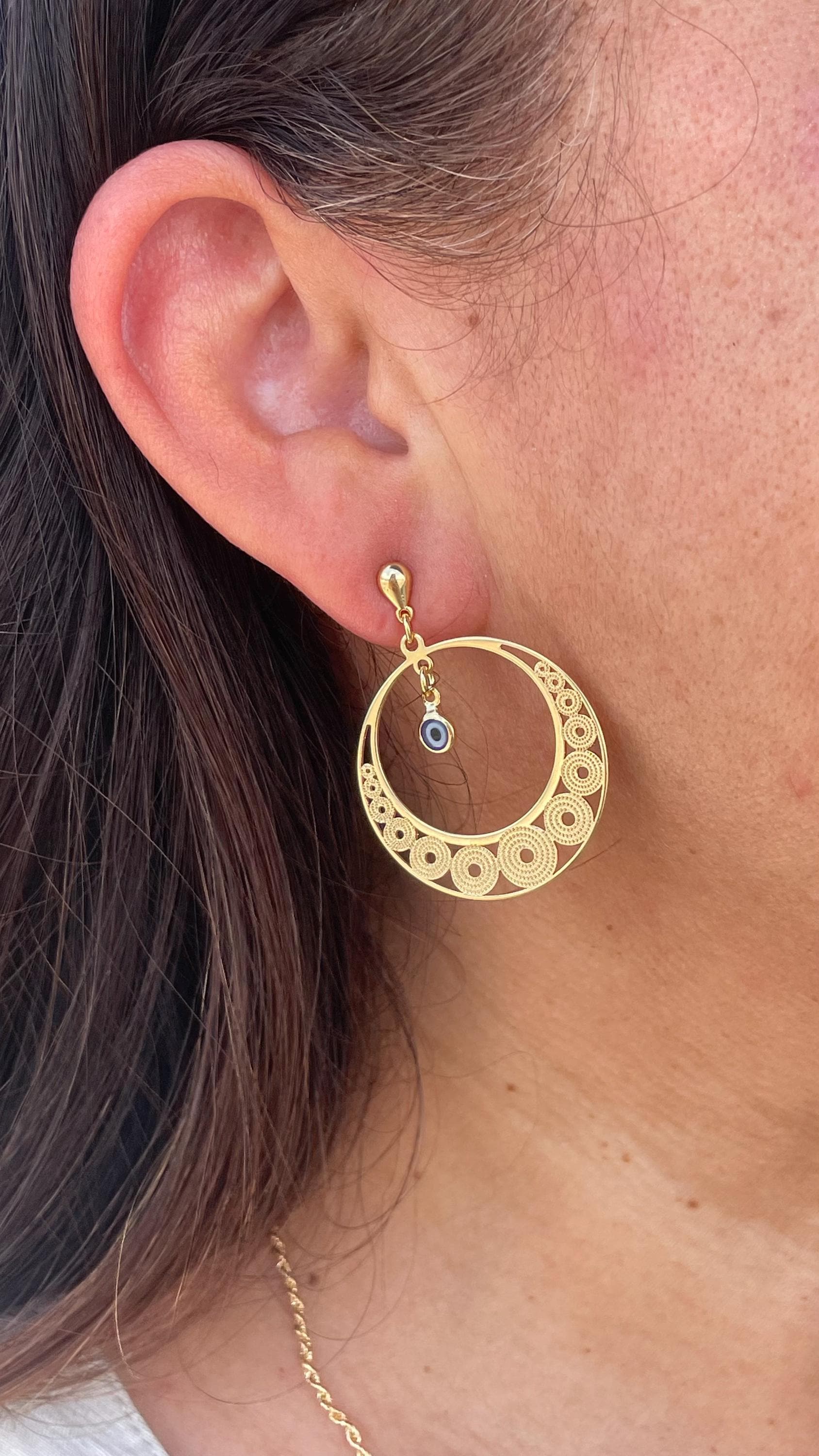 18k Gold Filled Dreamcatcher Earrings: Boho Dangle Jewelry, Round Shape tiny Evil Eye Attached for best of Luck