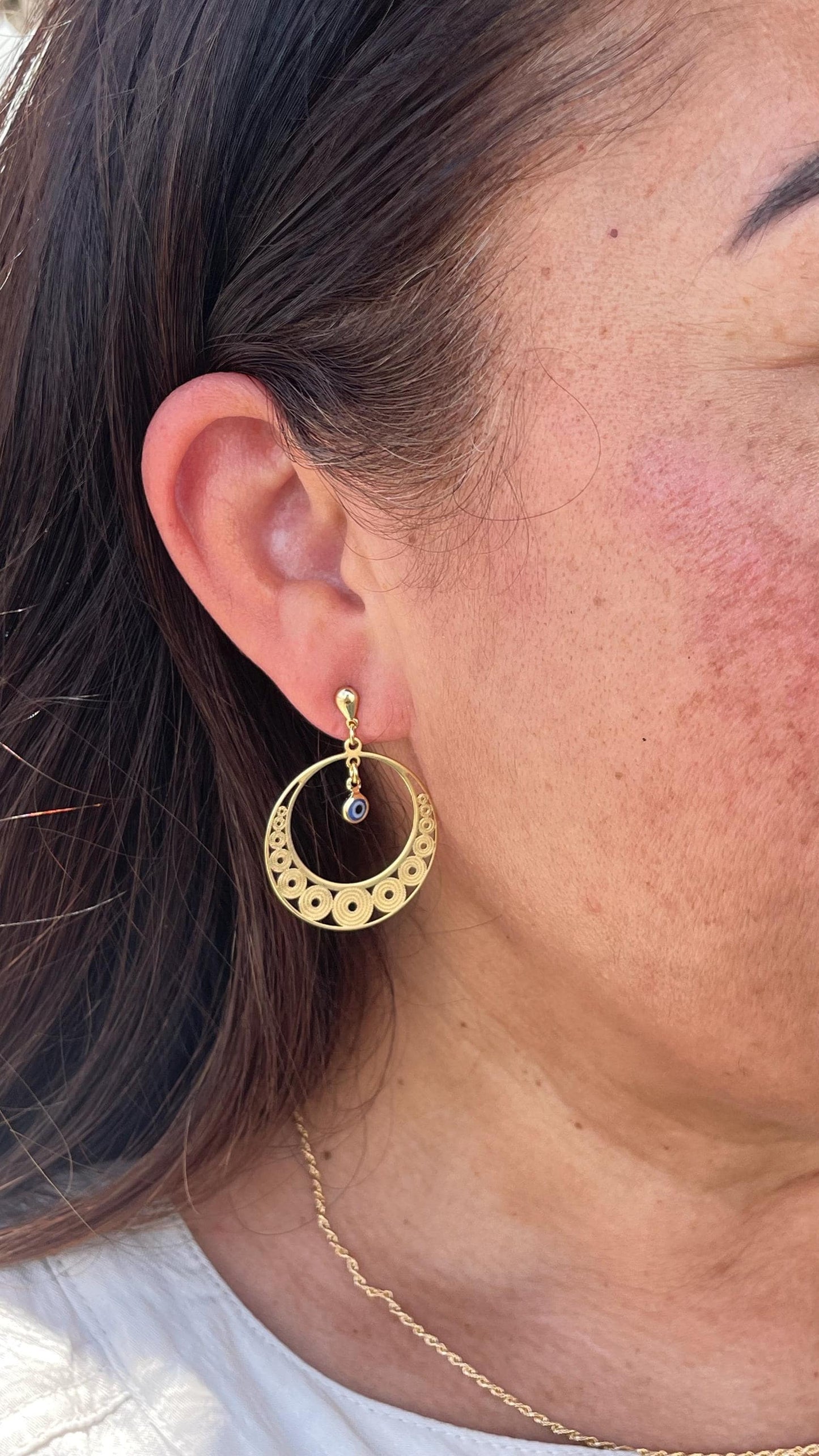 18k Gold Filled Dreamcatcher Earrings: Boho Dangle Jewelry, Round Shape tiny Evil Eye Attached for best of Luck